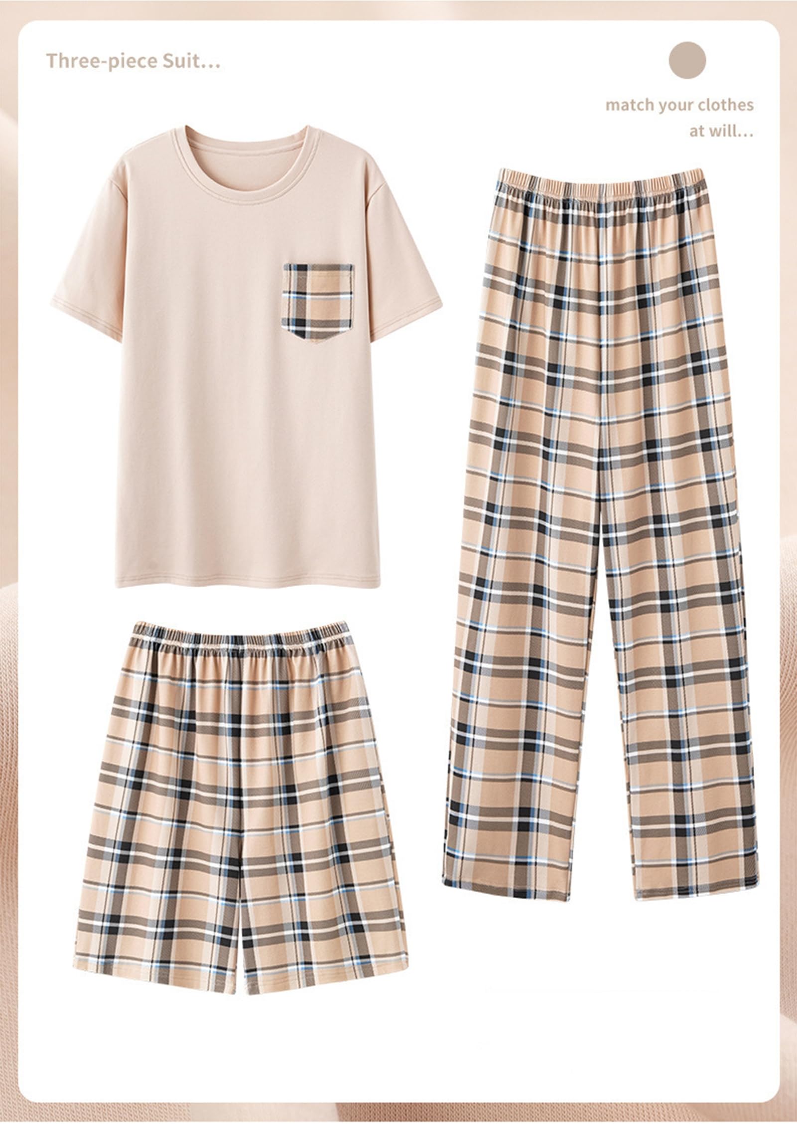 Pigiama da Uomo 3-PCS Set Modal Classic Girocollo Manica Corta Plus Size Pjs Set