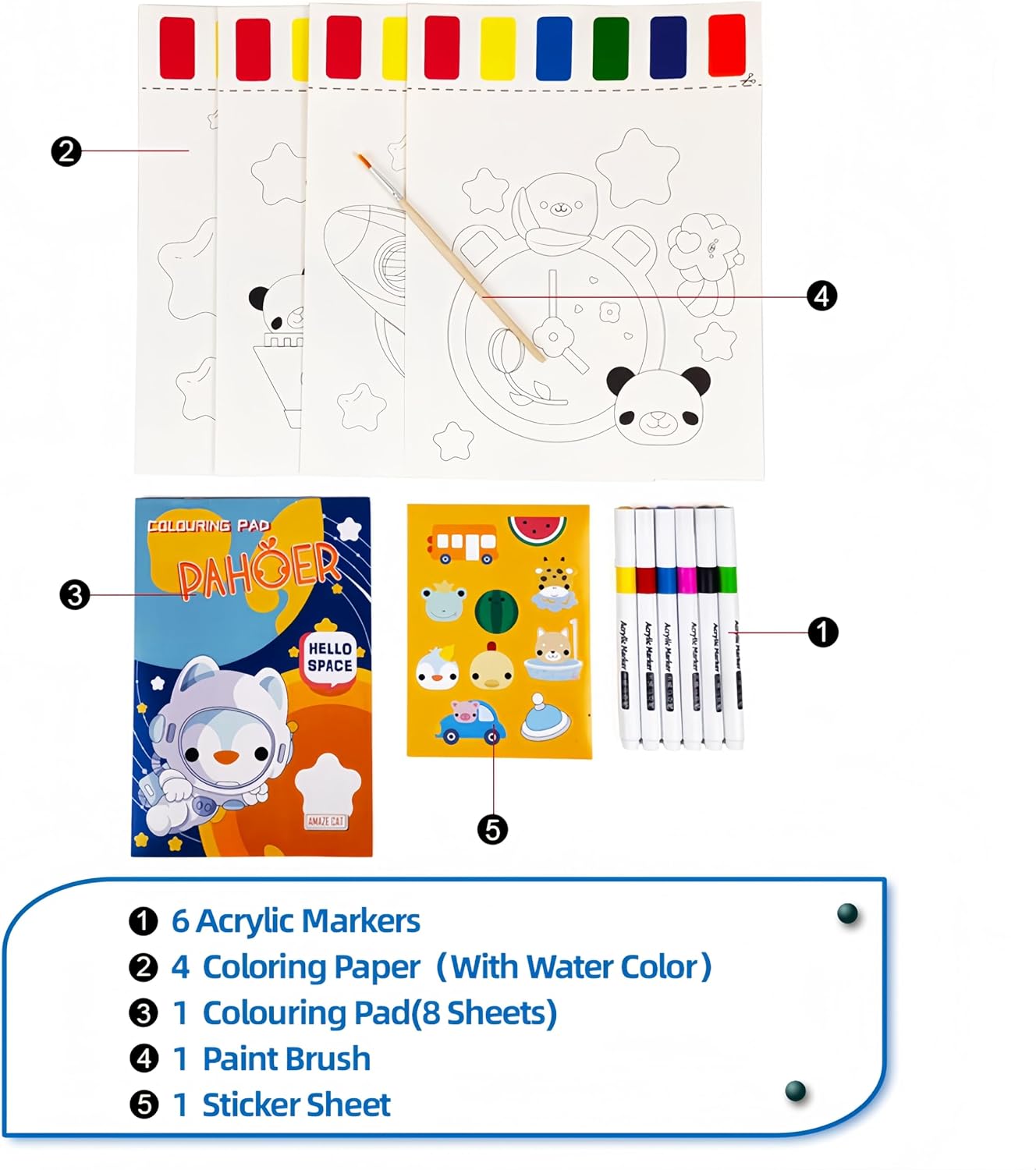 Amazecat Coloring Set, Incl.12 Mess Free Toddler Coloring Pages & 6 Markers&1 Paint Brush & Stickers,Coloring Kit Gift for Toddlers