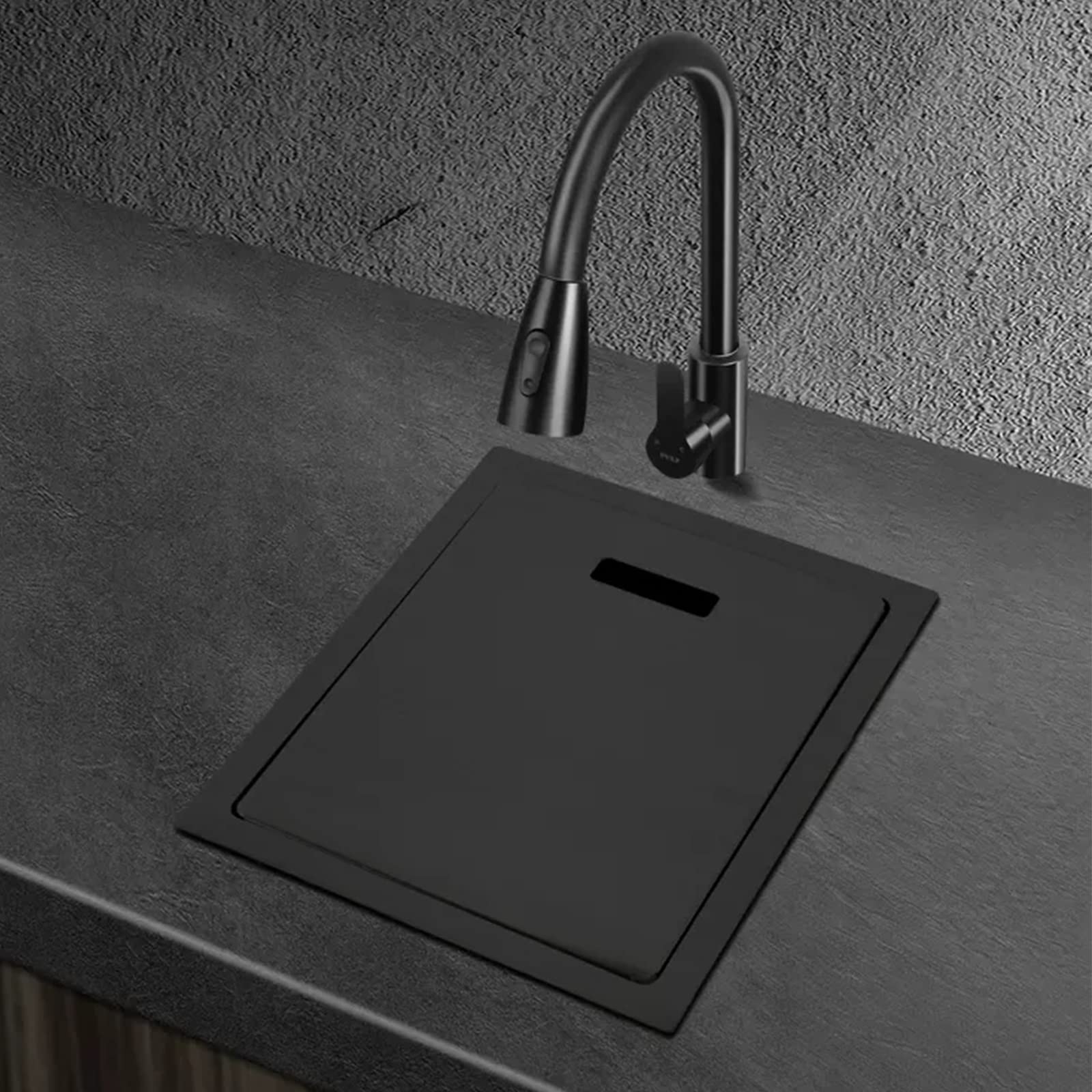 Fregadero De Barra Negro con Tapa Fregadero De Una Cubeta Fregadero De Encastre Fregadero Bajo Encimera Grifo Extraíble Accesorios Completos (S : 38x30x21.5cm)