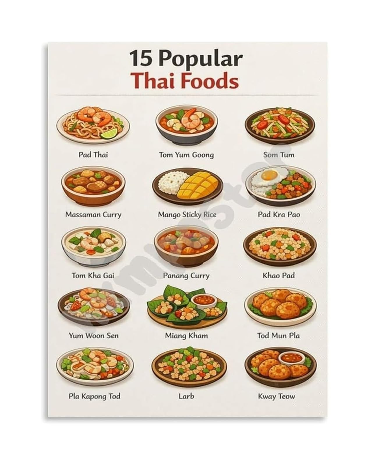 PKNVKZIDK Thai Cuisine Lovers Poster 15 Popular Foods from Thailand Canvas Art for Kitchen Home Decor Unframed,08x12inch(20x30cm)