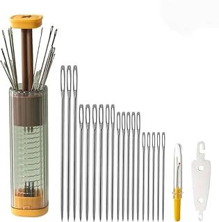 Upgraded Leather Sewing Needle Kit – Multi-Tool Set with Easy-Threading Large-Eye Needles, Threader & Unthreader – Durable Case for Hand Stitching Projects. (Yellow)
