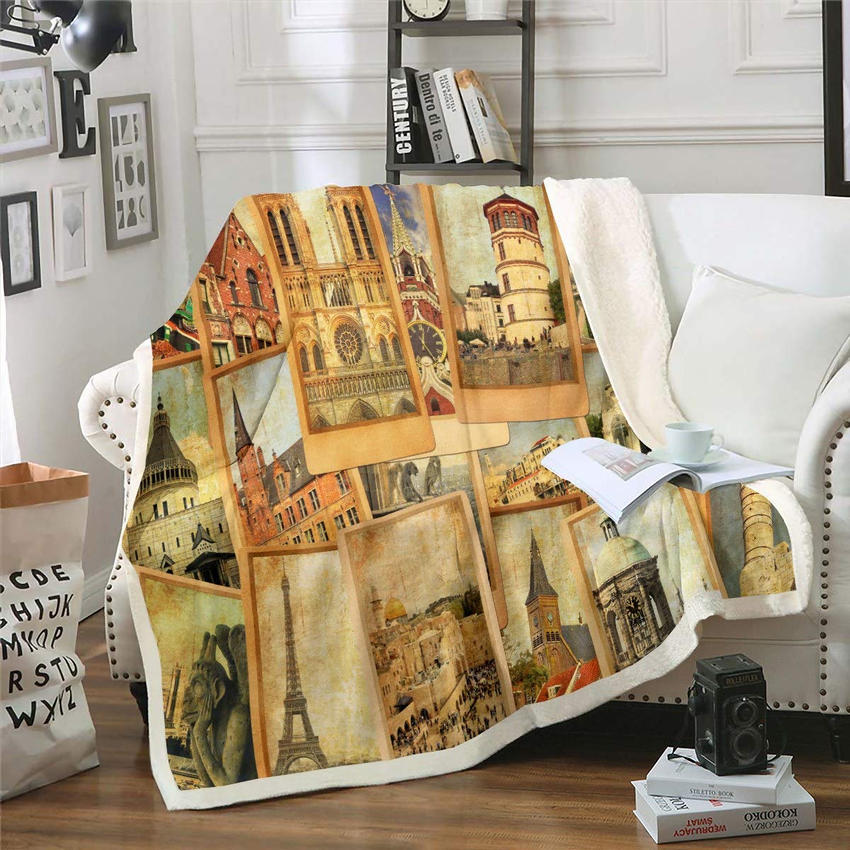 Loussiesd Colour38 Historical European Scenery Blanket For Bed Couch Travel Famous Eiffel Tower Fleece Blankets Decorative Retro Cityscape Plush Throw Blanket Soft Sherpa Blanket Double 60"X79"