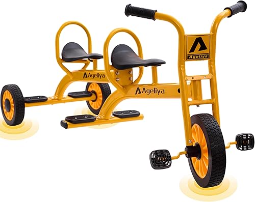 Triciclos en tándem para niños de 3 a 5 años, triciclo de pedal preescolar para jugar en grupo, marco de metal resistente, neumáticos de goma