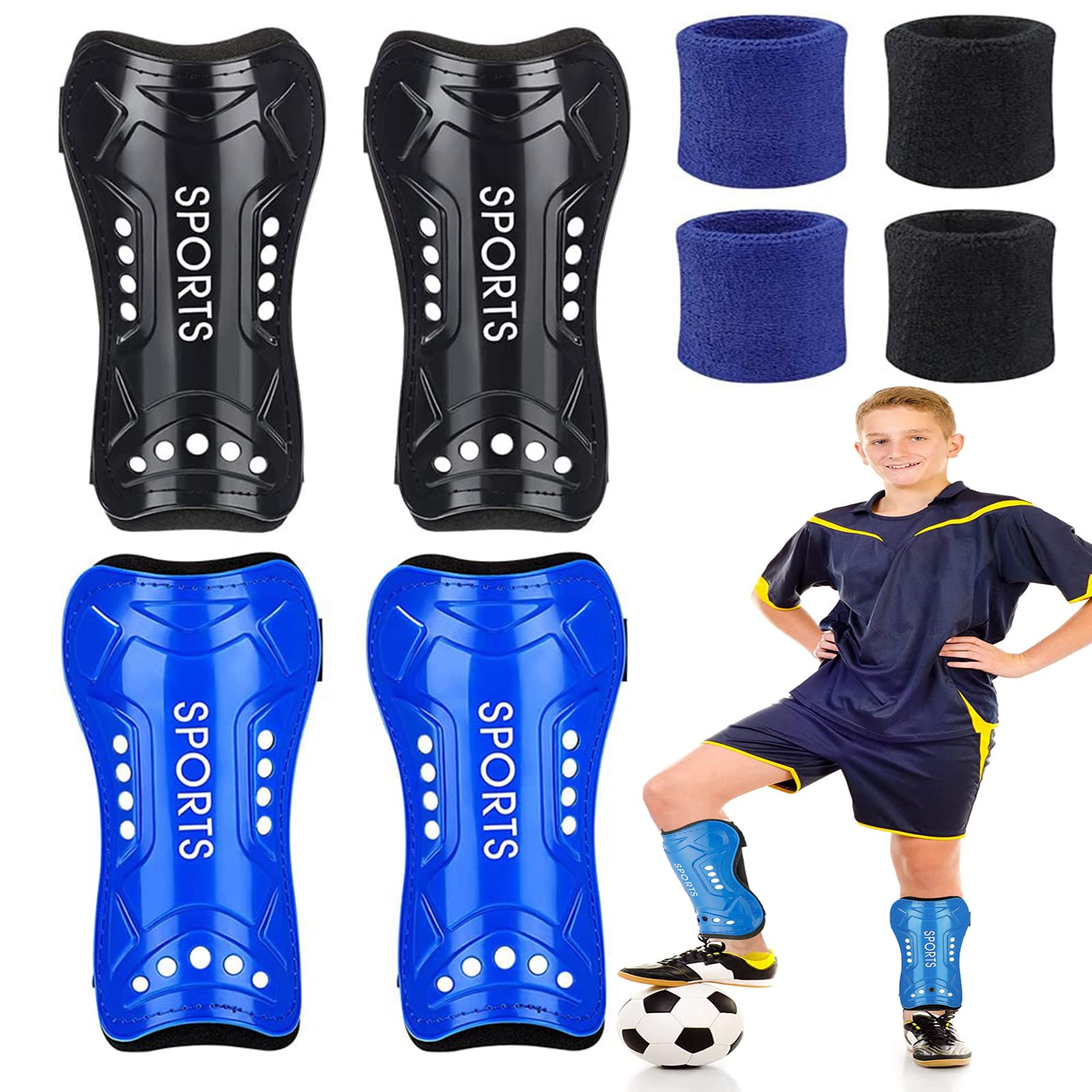 2Pairs Football Shin Pads, Kids Youth Shin Guards Beginner Elite Athlete Perforated Breathable Kids Shin Pad with Wrist Band for Boys And Girls Football Games Leg Calf Protective Gear