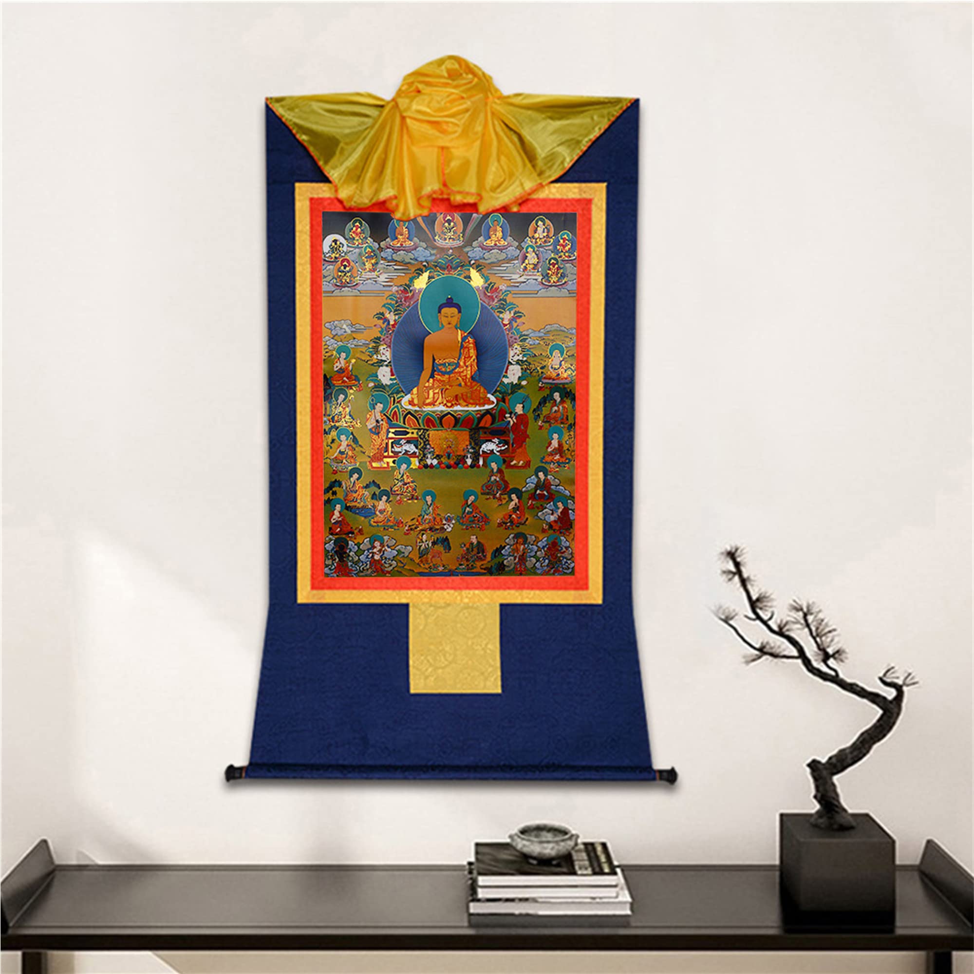 Gandhanra Thangka Tibetano - Shakyamuni e diciotto Arhat Thangka - Arazzo di Buddha a Stampa Dorata per Decorazione Zen, Meditazione, Rilassamento Spirituale e Pace