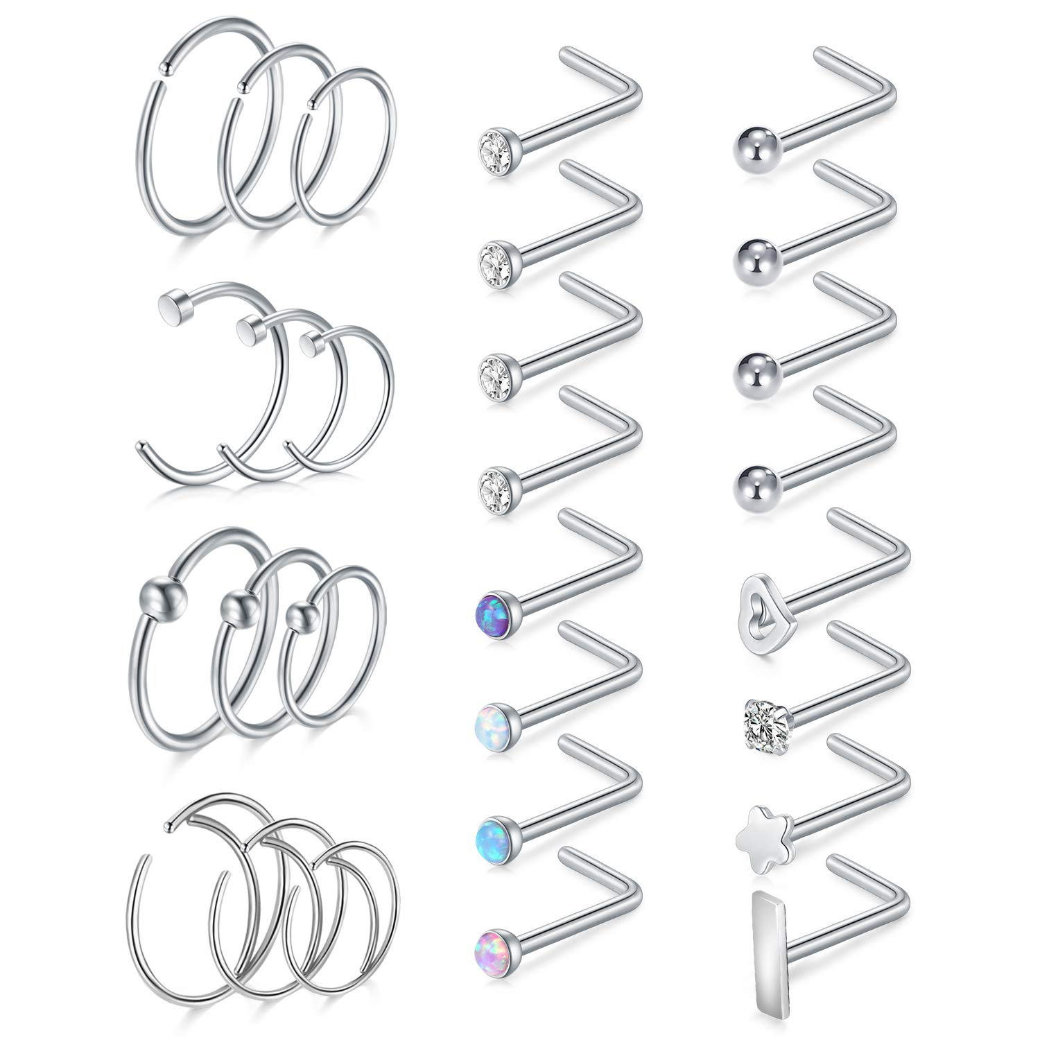 Funseedrr28pcs 20G Piercing Nariz Aros Perno Nasal Acero Quirúrgico Septum Nariz 8/10/12mm Barra Recto Curvado Forma Ópalo CZ Piercing Joyas