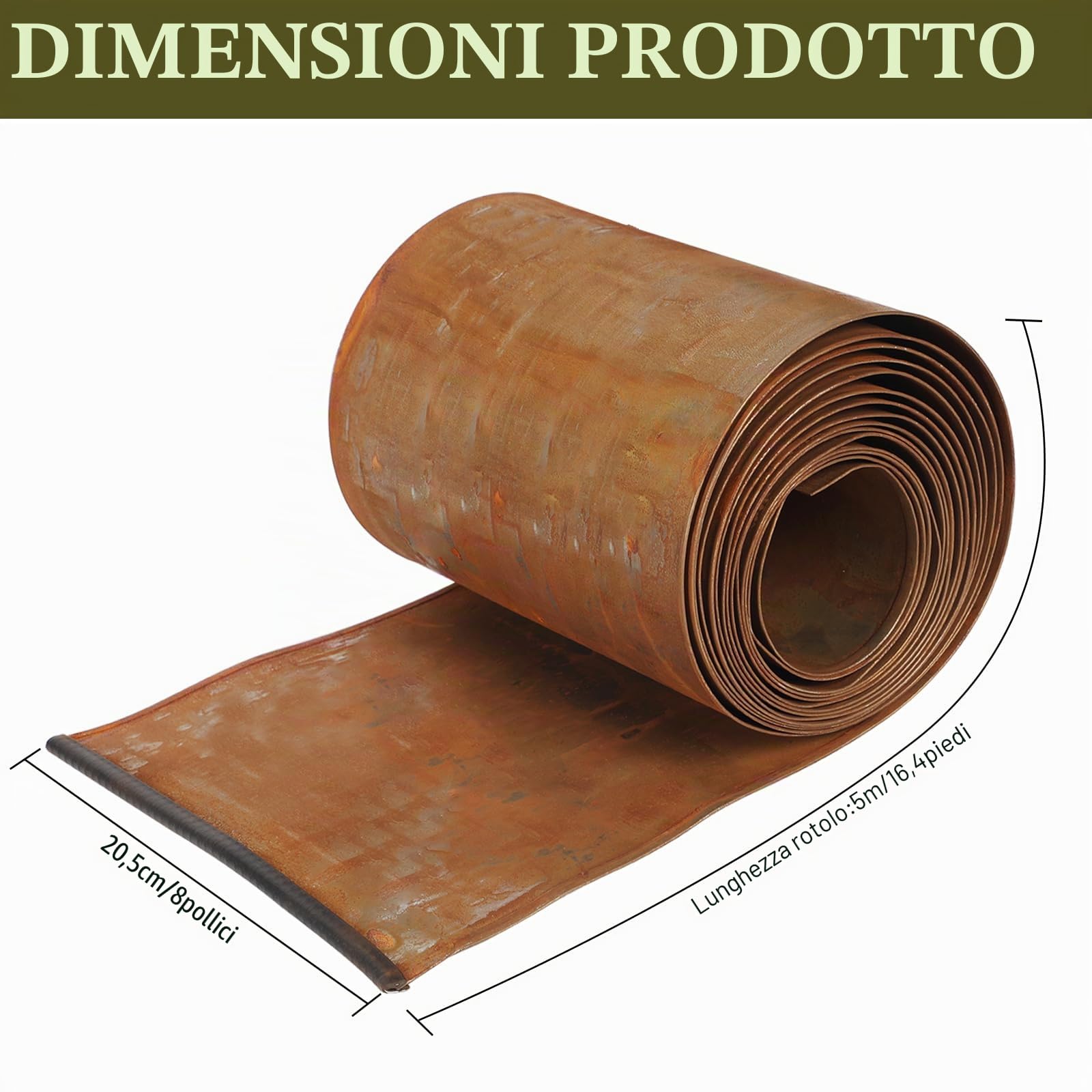 Bordo per prato in acciaio corten, 5 m x 20 cm, bordatura per aiuole in metallo con effetto ruggine, nastro flessibile per bordo prato, con 1 paio di guanti, per limitare aiuole, sentieri da giardino