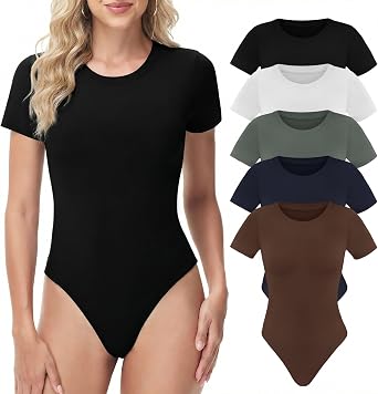 TNNZEET Body Suits for Womens - Short Sleeve Round Neck T Shirts Tummy Control Compression Tops Casual Outfits 2026
