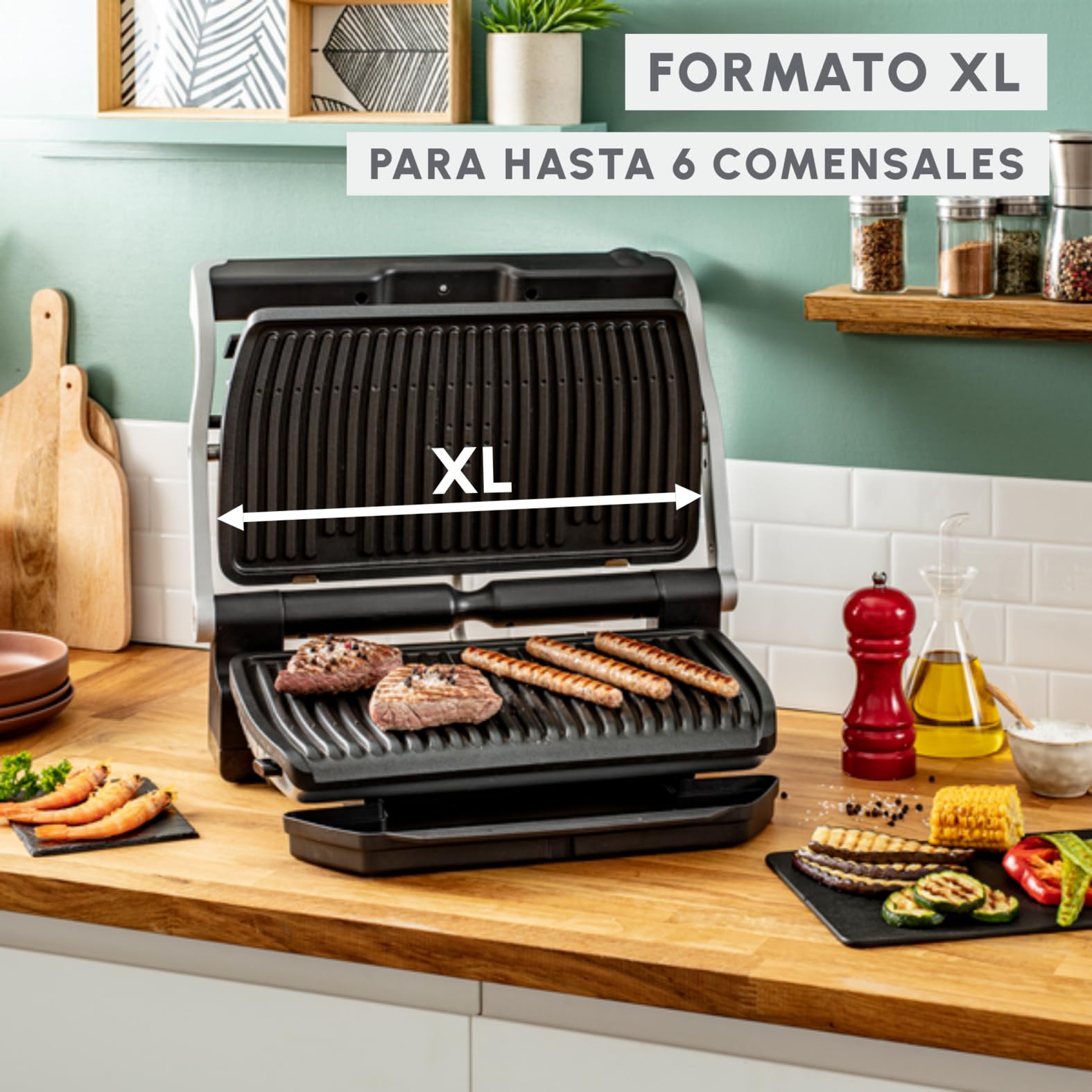 Moulinex Optigrill+ XL, parrilla eléctrica de interior, ideal para cocinar carne, pescado y verduras, indicador de cocción y 9 programas automáticos, placas antiadherentes, GI722D