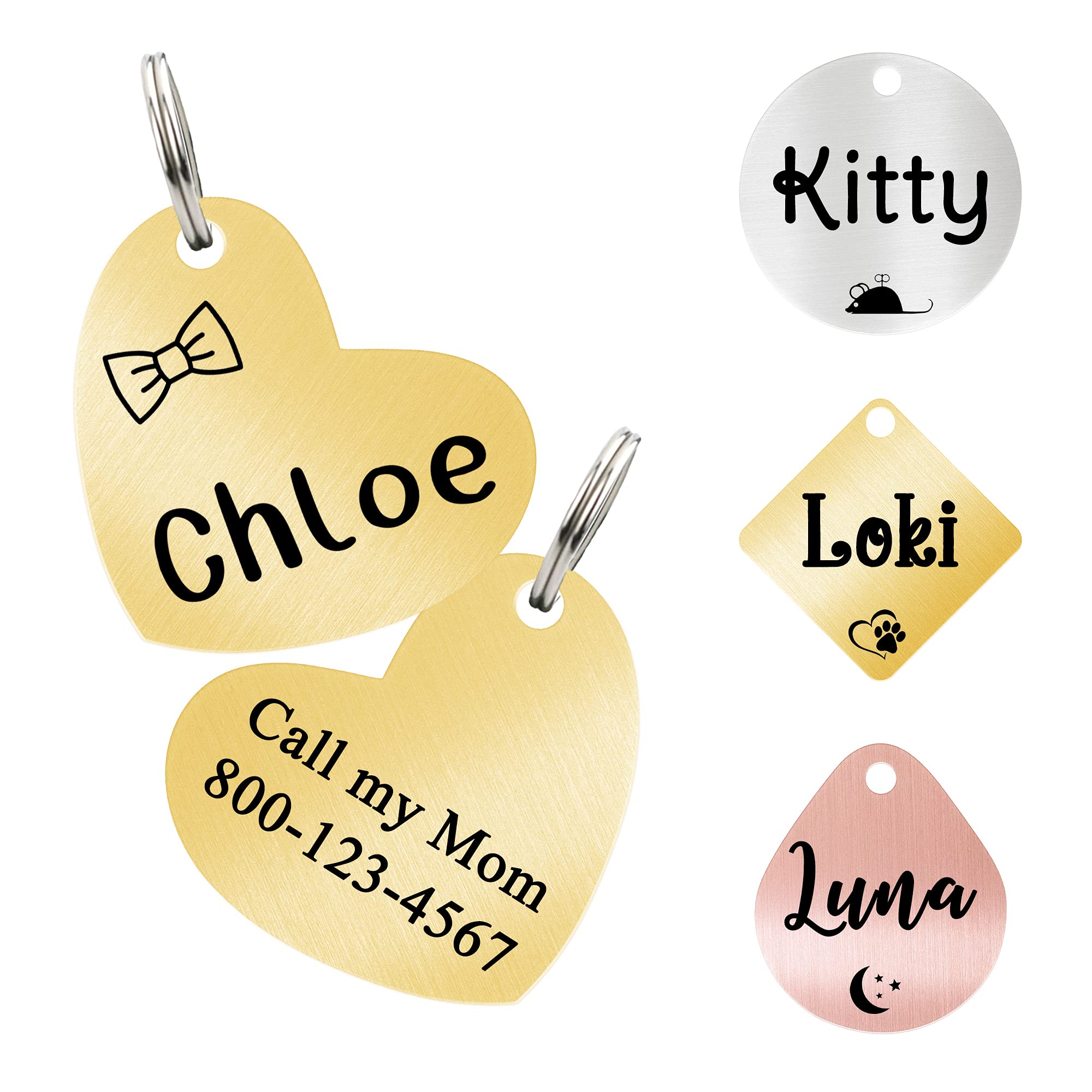 Ultra Joys Cat ID Tag Personalized Pet Tags, Durable Stainless Steel Small Pet Mini Dog Cat Tag Lightweight -Heart Tag in Gold