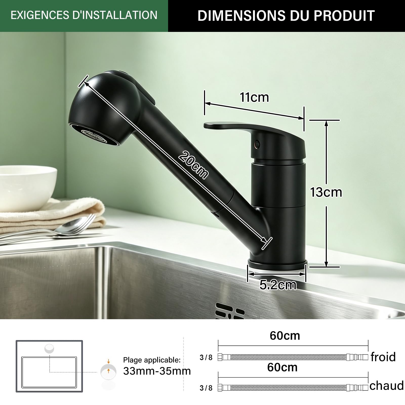 Robinet Cuisine Noir,Mitigeur Cuisine avec Douchette Monocommande,Robinet Pivotant À 360° pour 1 Trou,2 Modes de Pulvérisation