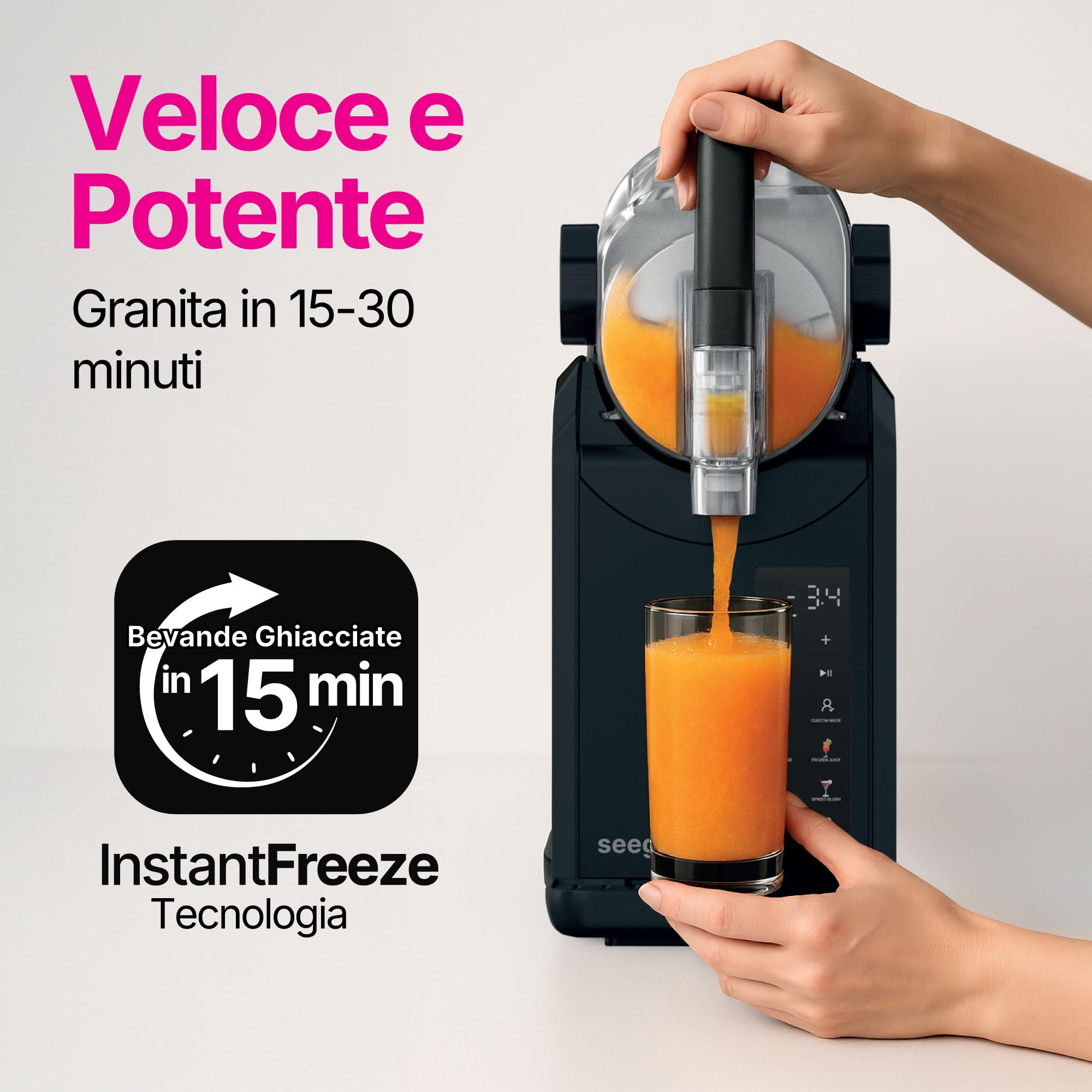 Seeger SuperSlush Macchina per Granite, 2 Litri, 7-in-1, Nessun Ghiaccio Necessario, 7 Programmi, Tecnologia InstantFreeze 15 min, Slushie Maker, Granita, Cocktail, Frappé, Milkshake, Nero, SLFRZ1BK