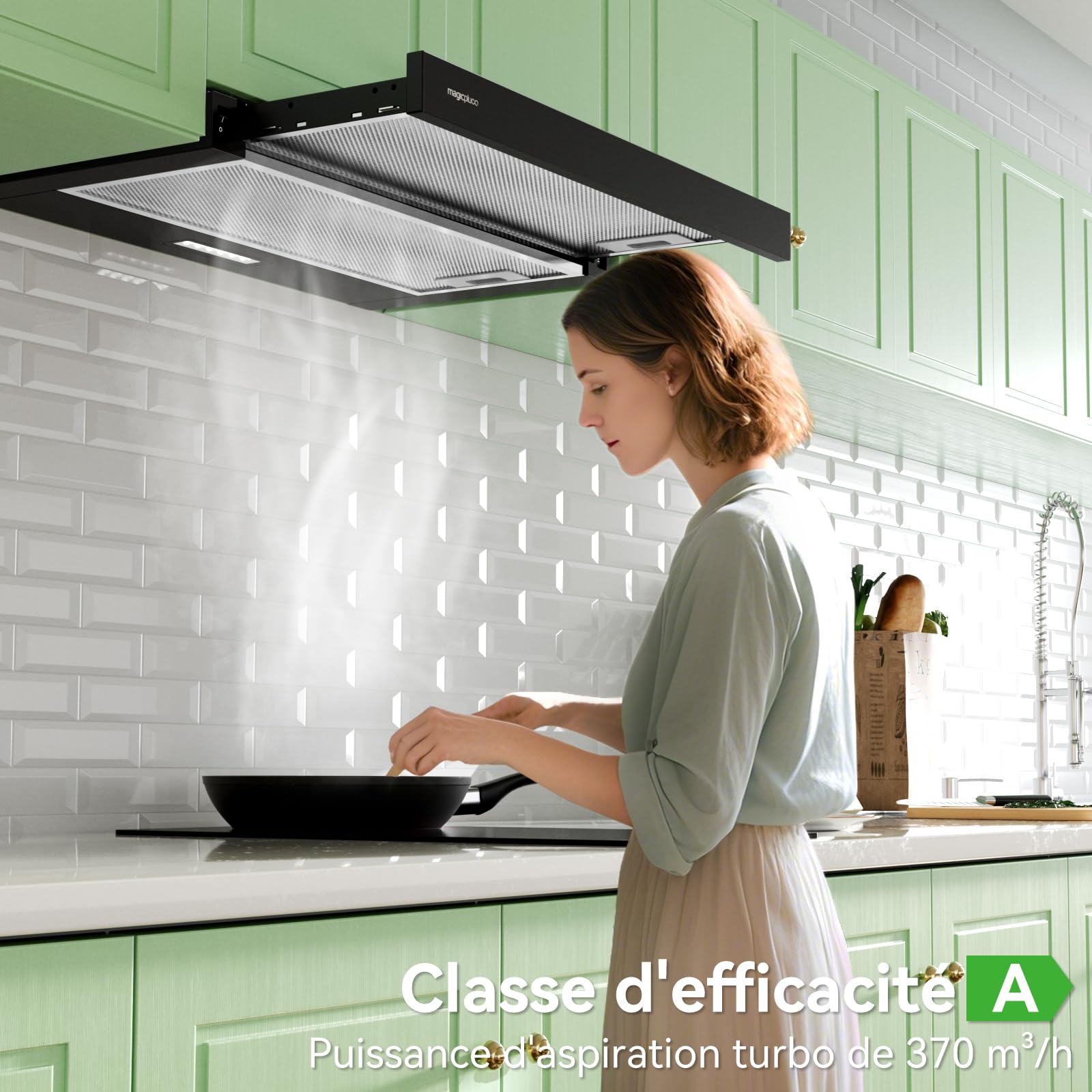 magicplux Hotte aspirante Téléscopique 60 cm Noir – 370 m³/h, Classe A, Éclairage LED, 60/65 dB, Extraction & Recyclage, Filtre à Charbon Inclus | 2 Vitesses,Classe A, Éclairage LED, 60/65 dB, Extraction & Recyclage, Filtre à Charbon Inclus