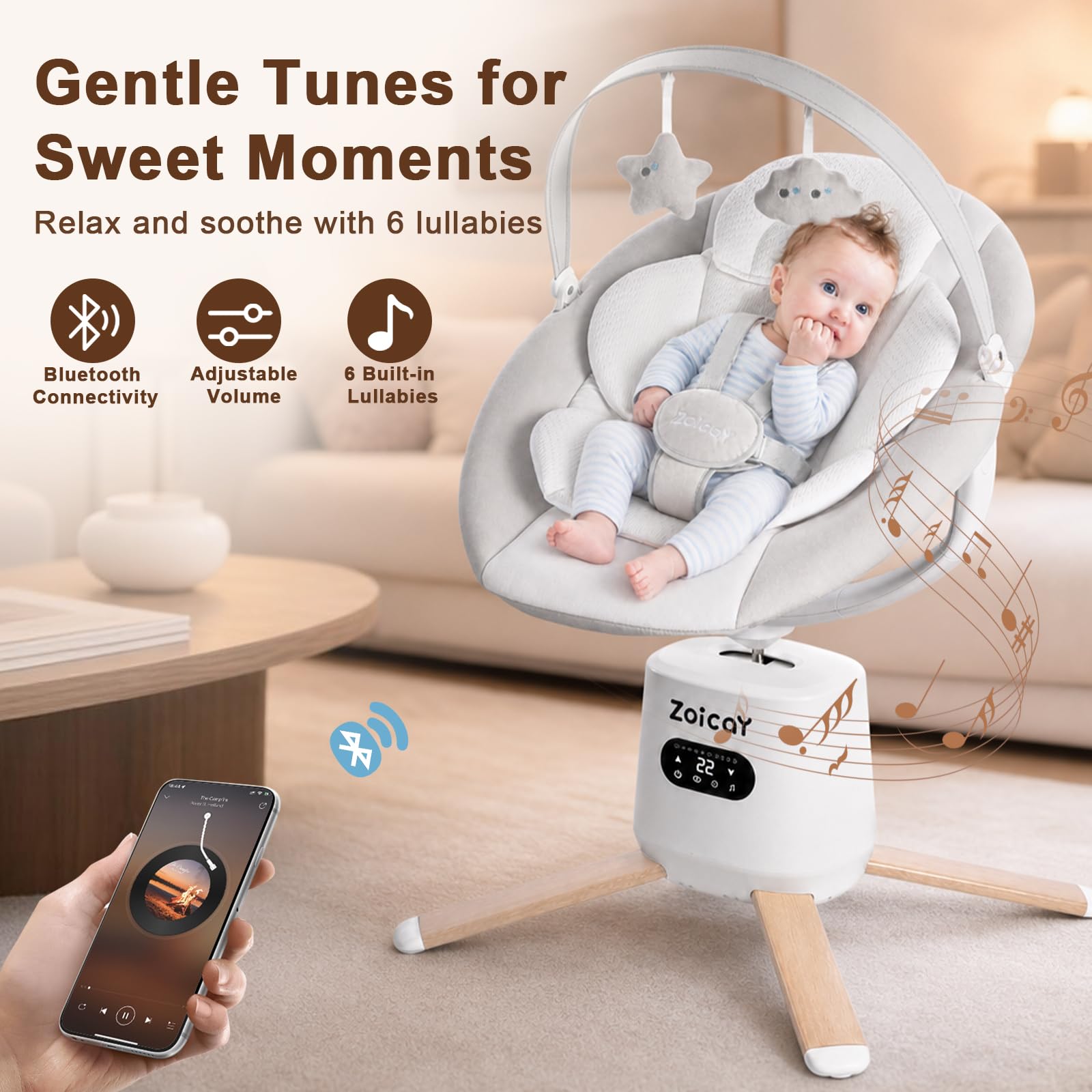 Mecedora Electrica con 9 Modos 8 Velocidades para recién nacido 0-9 Meses | Sillas Mecedora para Bebe 360° Asiento & Inclinación Ajustable, Función de Temporización Música Mando a Distancia y Bluetooth
