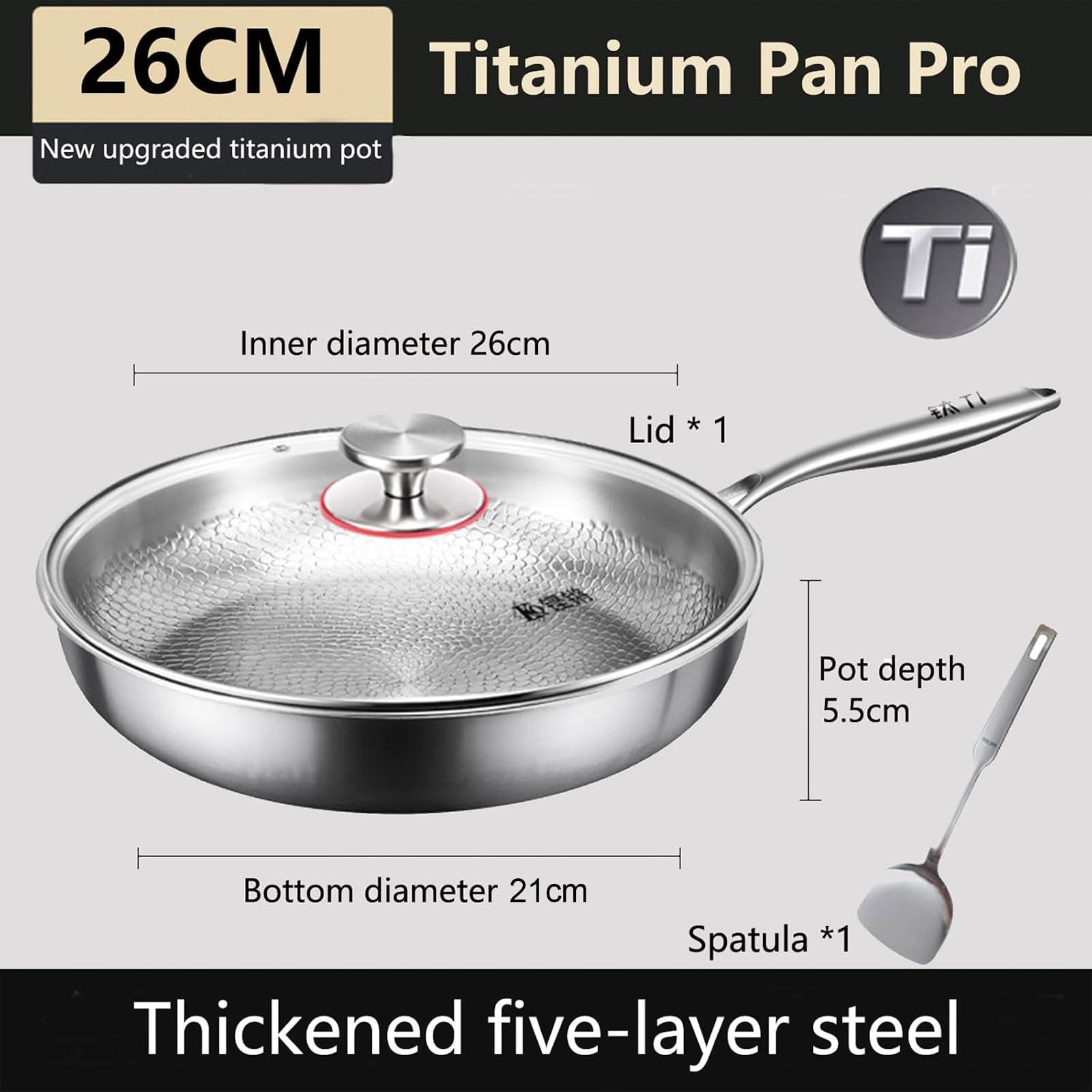 Pfanne Aus Reinem Titan, Titan Pfanne Unbeschichtet,Titanium Hammered Pan Pro mit Deckel und Spatel,Ultra Durable, Kratzfest, Titanpfanne 26CM Geeignet für Alle Herdarten (M)