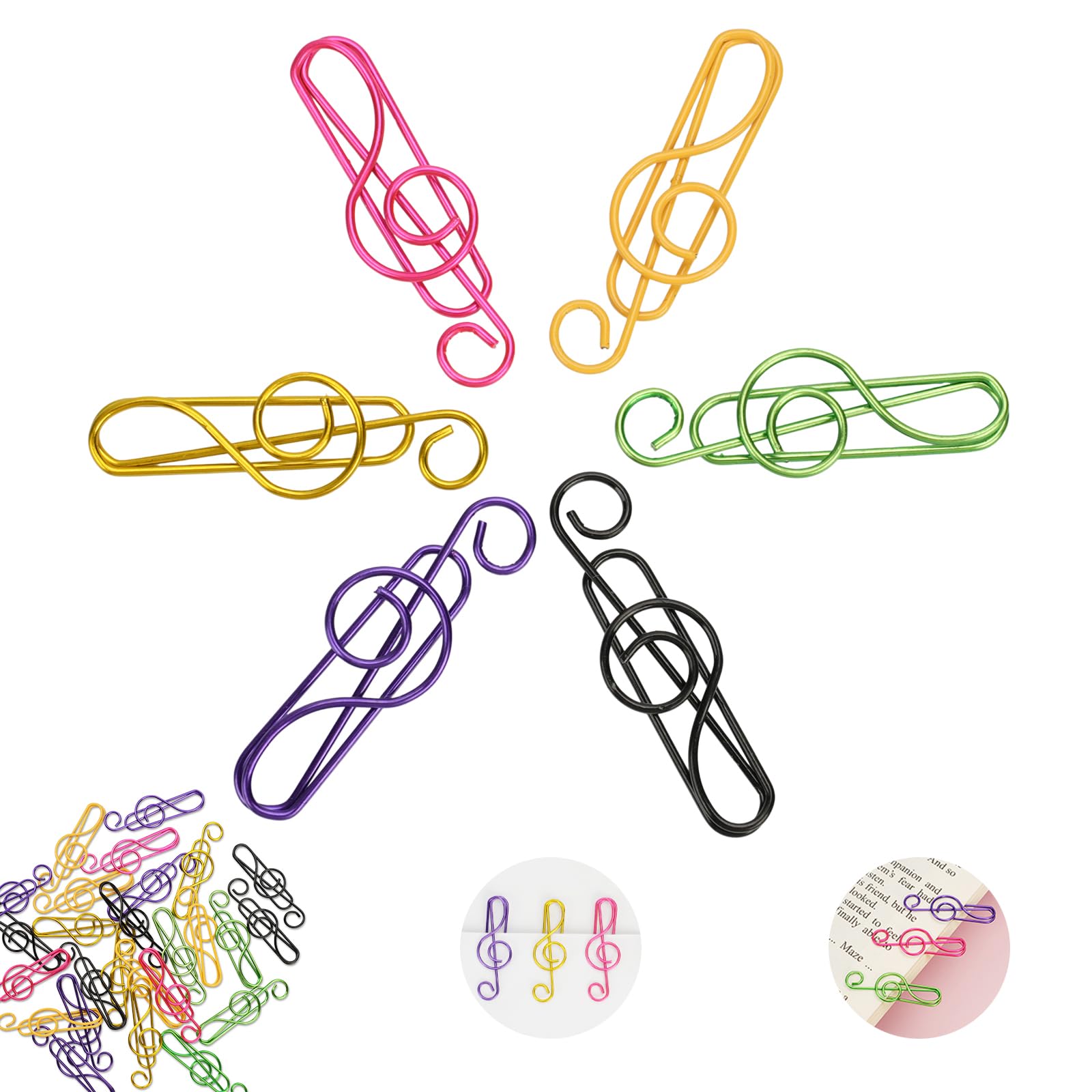 Lot de 60 trombones colorés en forme de note de musique pour cahiers, marque-pages, planificateur, accessoires scolaires ou de bureau, 6 couleurs disponibles