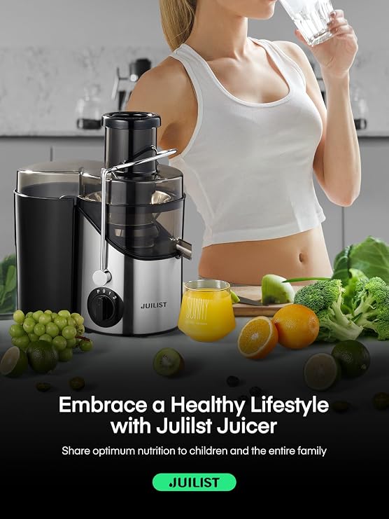 Juicer Machines, Juilist Centrifugal Juicers Whole Fruit and Vegetables 400W, Large 3” Feed Chute Juice Extractor Machine, 3 Speed Control, Cleaning Brush and Recipe Included, Silver