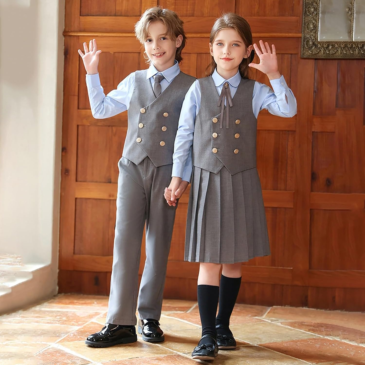Girls School Uniform Outfit 4 Piece Vest, Shirt, Skirt, and Necktie Sets
