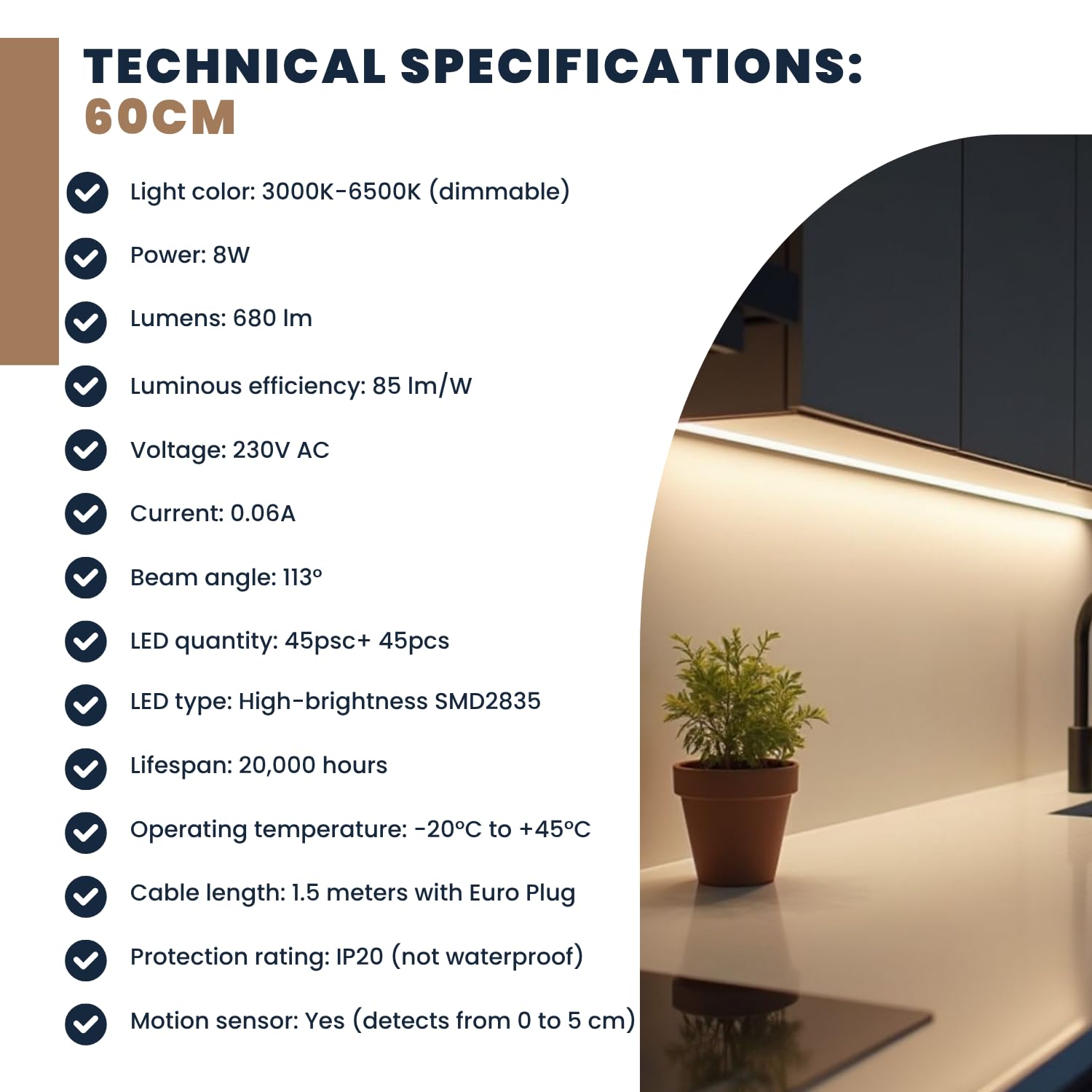 Evotrade Luminella Sottopensile LED Marbella con Dimmer Tattile e ON/OFF a Sfioramento – Luce Regolabile 3000-6500K, Lunghezza 60 cm, Cavo 1,5 m con Spina Europea, per Cucina e Ufficio