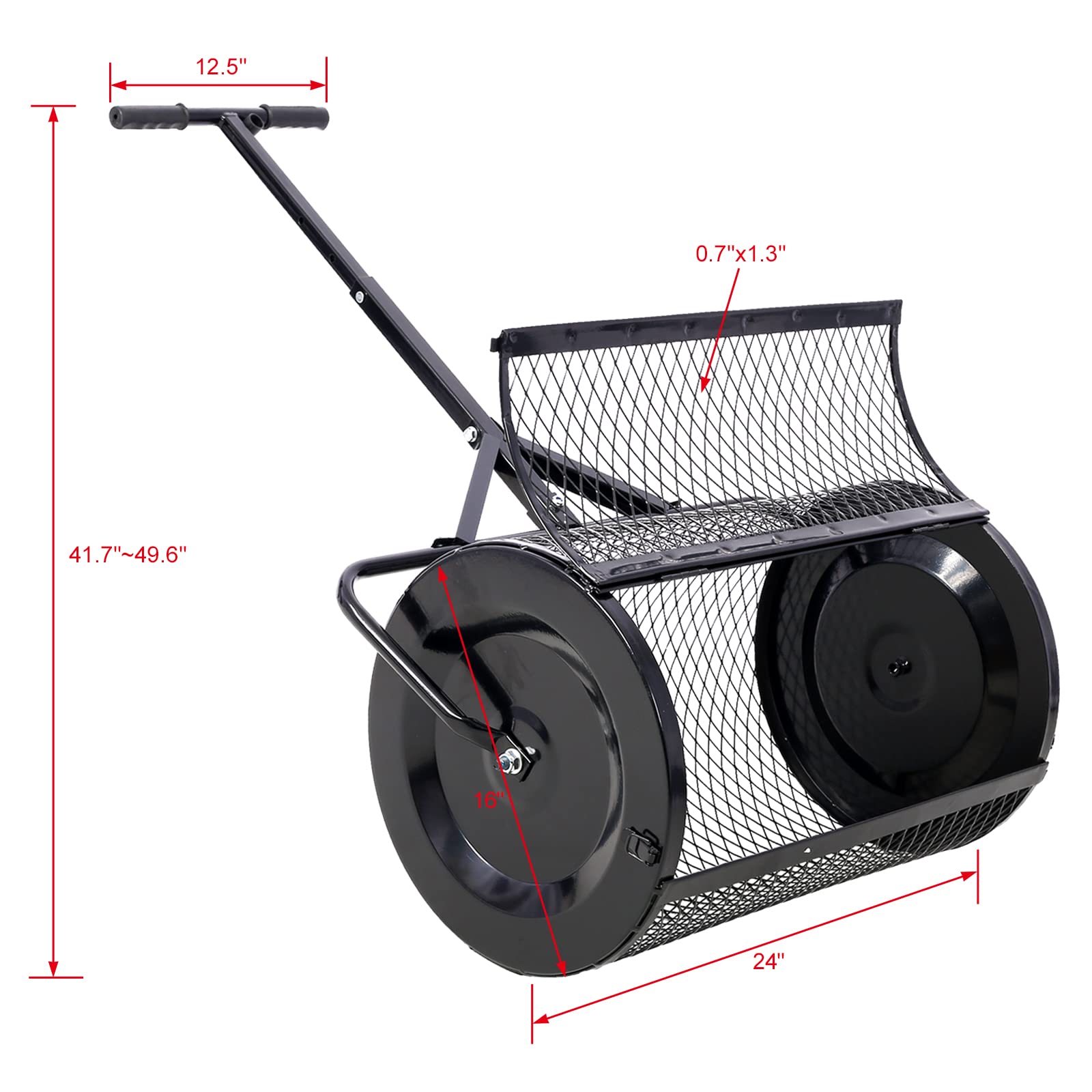 Spandiconcime e spandiconcime per torba, spandiconcime in rete metallica, 2 in 1 ATV e manico a T per piantagione, semina, cura del prato e del giardino, spandiconcime a rulli (24L＂×16W＂×49,6H＂)