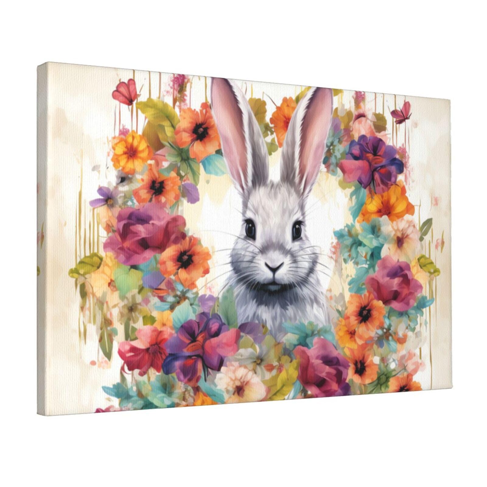 KLOPH Watercolor rabbit and flowers Canvas Wall Art for Living Room 12"x18" Modern Artwork Painting for Bathroom Hanging Canvas Prints Aesthetic Wallart for Bedroom Kitchen Office Wall Decor