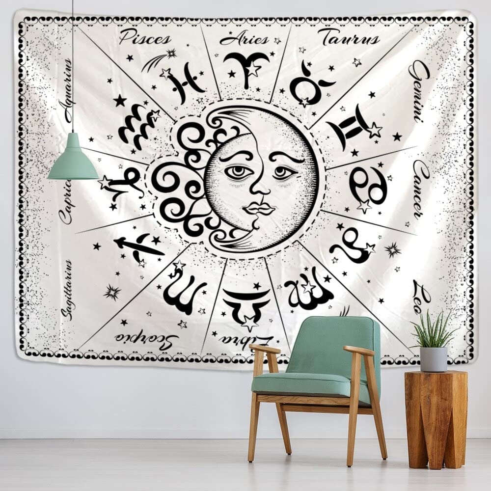 White Black Sun Moon Mandala Starry Sky Tapestry Wall Hanging Bohemian Gypsy Psychedelic Witchcraft Astrology Tapestry