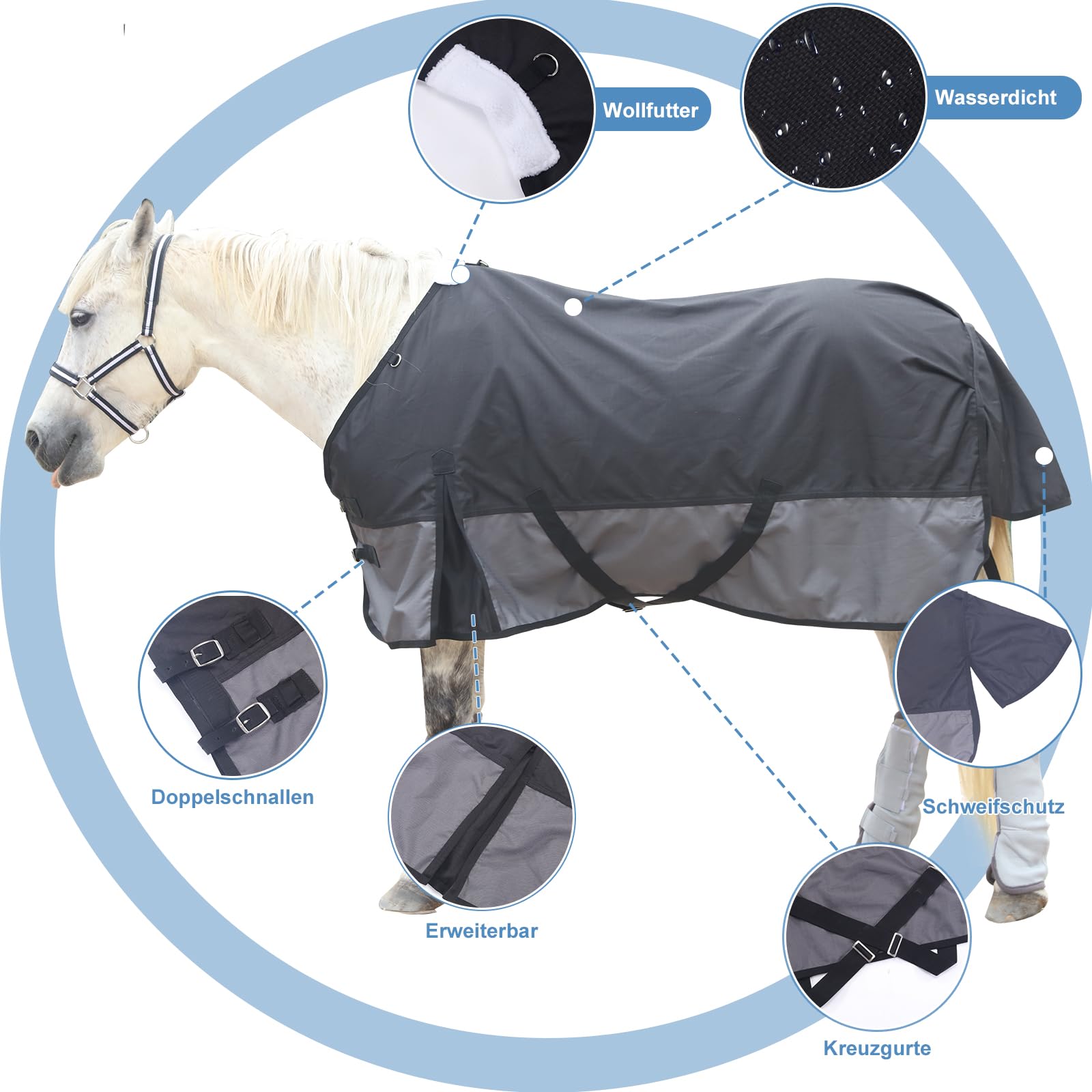 1200D - Manta para caballo sin relleno (0 g), ligera, impermeable y transpirable, para caballos, para exteriores, color negro y gris, 130 cm