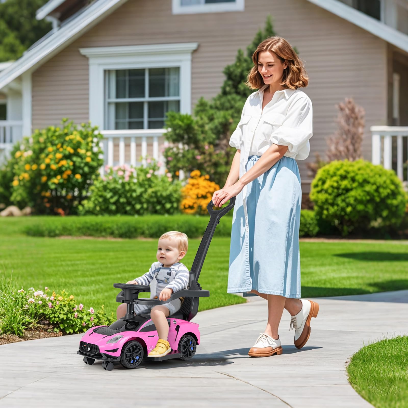 OLAKIDS 3 in 1 Ride on Push Car, Licensed Maserati Baby Sliding with Removable Parent Control Handle, Universal Wheels, Safe Guardrails, Toddlers Walking Toy with Music, Under Seat Storage (Pink)
