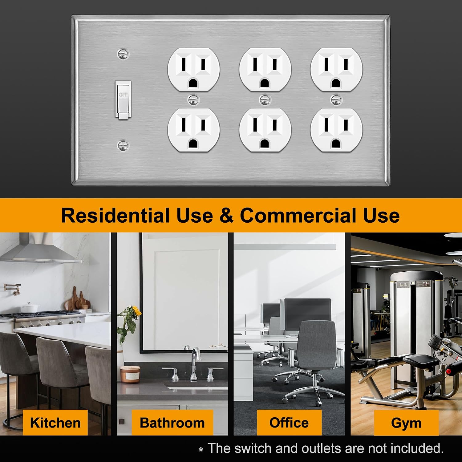 [2 Pack] BESTTEN 4-Gang Combo Metal Wall Plate with Protective Film, 3-Duplex/1-Toggle, Corrosion-Resistant Stainless Steel Outlet and Switch Cover, Standard Size, Brushed Finish