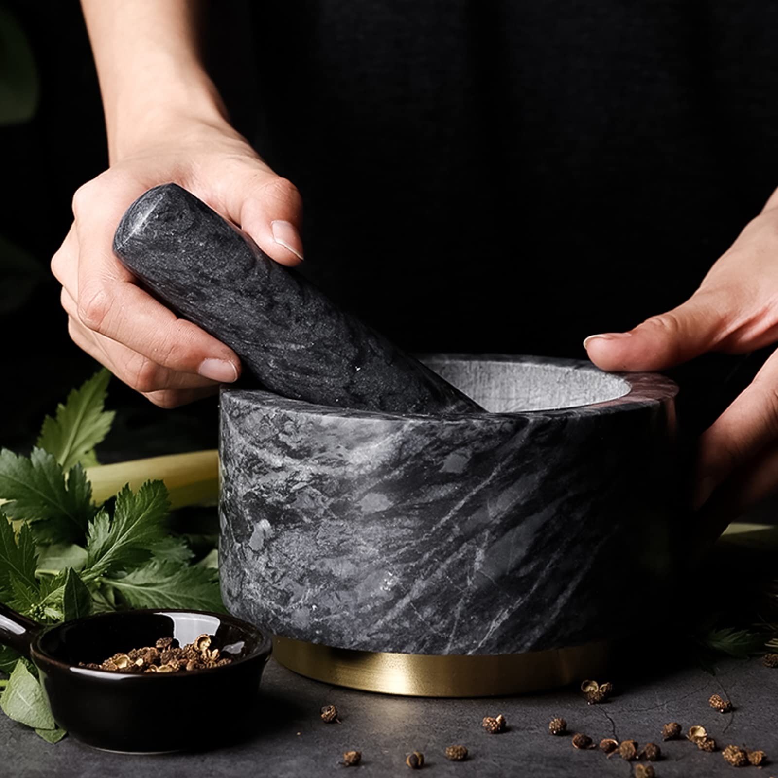 Mortero y maja, mortero y maja for pulir granito natural, juego de mortero y maja con base de metal dorado, capacidad for 2 tazas, hacer guacamole fresco, salsa, pesto, trituradora de hierbas, moler e