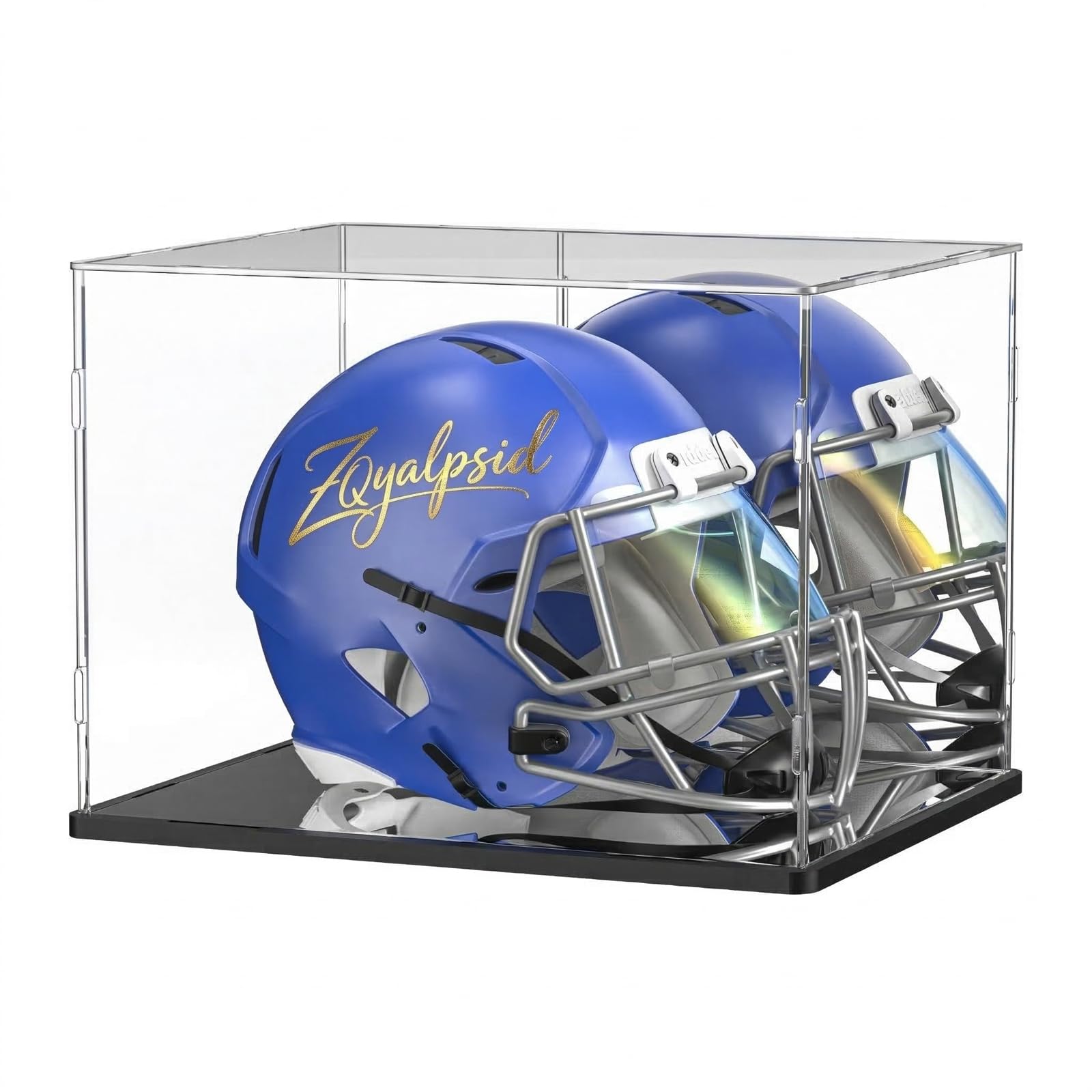 Vitrina acrílica para casco de fútbol, béisbol y motocicleta, caja de exhibición transparente con doble espejo y base negra, vitrina a prueba de polvo para coleccionables de tamaño completo (14.9