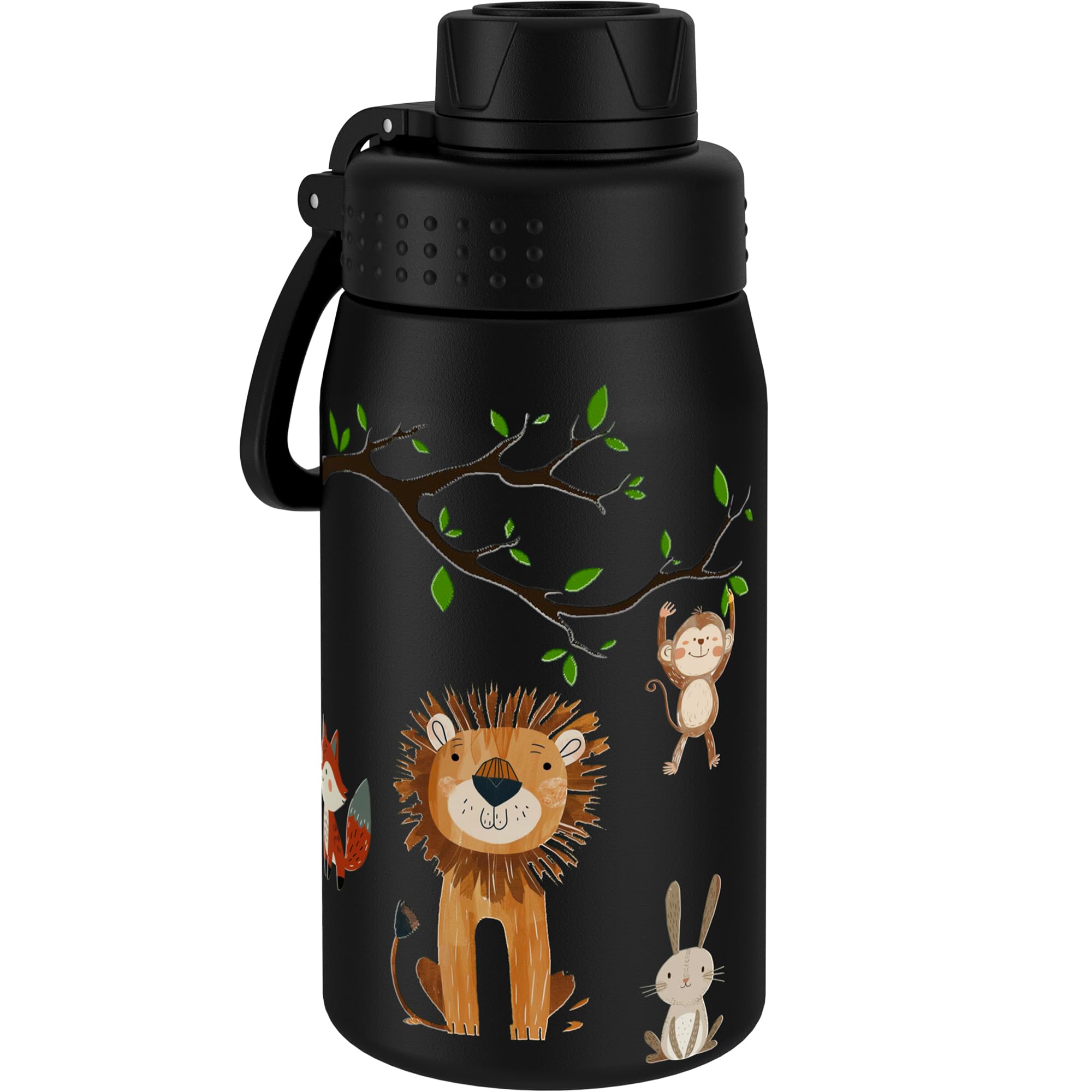 GOPPUS 420ml/15oz Kids Insulated Water Bottle with Screw Lid (No Straw) Stainless Steel Toddler Bottle School Flask Girls Boys Drinks Cup with Handle & Leakproof & Keep Drinks Cold (Black Lion)