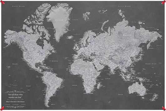 Personalized Canvas Rolled Poster World Map Wall Art Large 24" x 36" Grey World Map Poster Push Pin Travel Decor for Home or Office