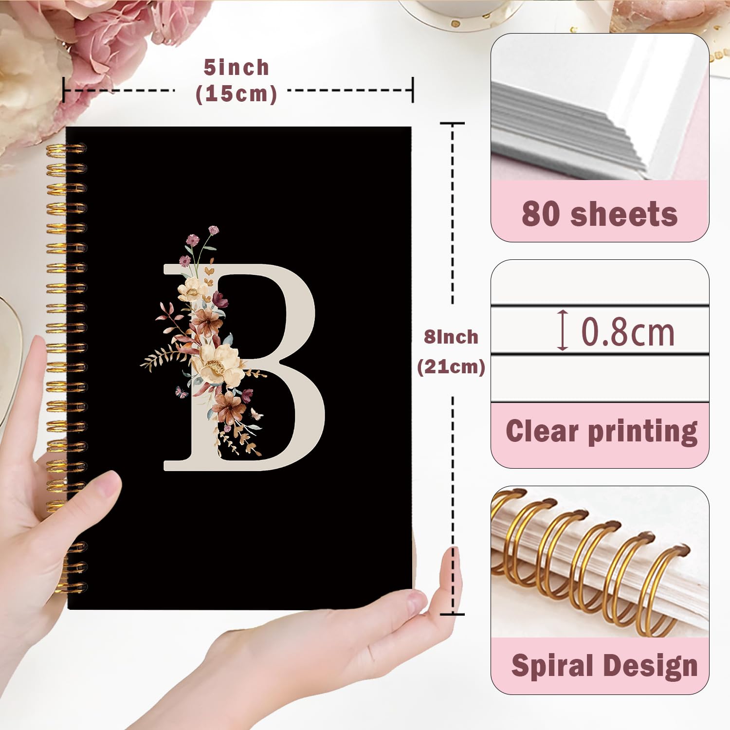 Lacama Simpatico diario scolastico con lettera B con iniziale, quaderno a spirale nero personalizzato con fiori di campo estetico, materiale scolastico, regali con monogramma personalizzato, regali di