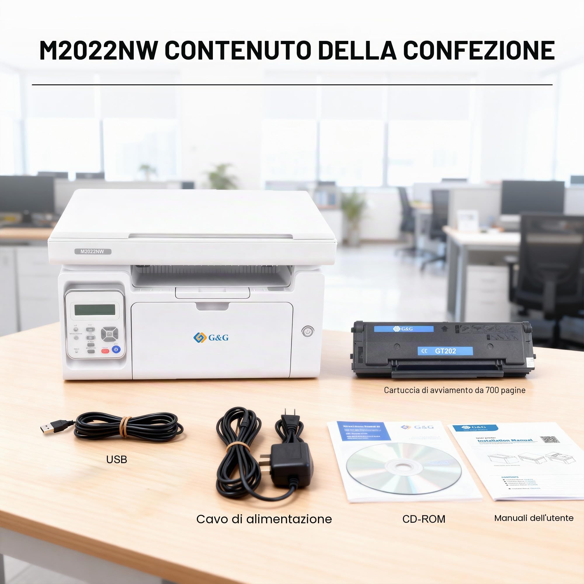 G&G M2022NW Stampante Laser bianco e nero Multifunzione Wifi, Stampanti Laser con Scanner Toner in offerta per Ufficio e Casa(22-23 Ppm)