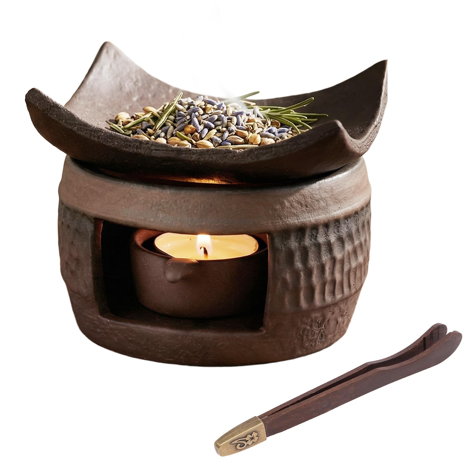 Essential Oil Burner Zen Ceramic Wax Melt Burner Incense Holder with Wooden Tongs and Tealight Holder for Wax Melts, Dried Herbs and Palo Santo, Aromatherapy Stove for Bedtime Calm Meditation(no base)