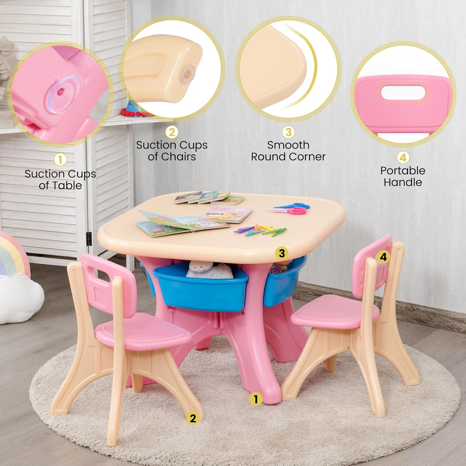 Toddler Table and Chair Set, Kids Table and 2 Chair Set with Detachable Storage Bins, Kid Table and Chair Set for Classroom, Daycare Playroom, Homes, Ideal Gift for Boys & Girls (Pink)