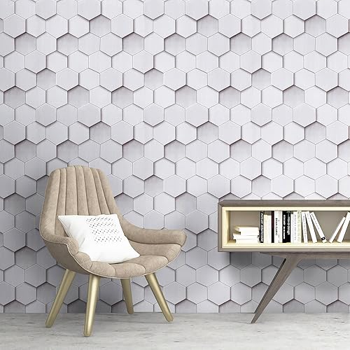 Miniatura 4 de Yun-aeon Papel tapiz de patrones geométricos con efectos visuales 3D, 17.7 x 300 pulgadas, papel tapiz hexagonal para despegar y pegar, papel tapiz