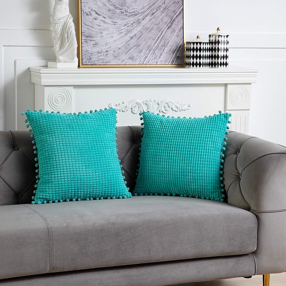 DEZENE 20x20 Inch Decorative Throw Pillow Covers - 2 Pack Soft Corduroy Corn Striped Pom-poms Corduroy Corn Striped Square Pillow Cases for Bedroom Sofa Couch Living Room, Turquoise