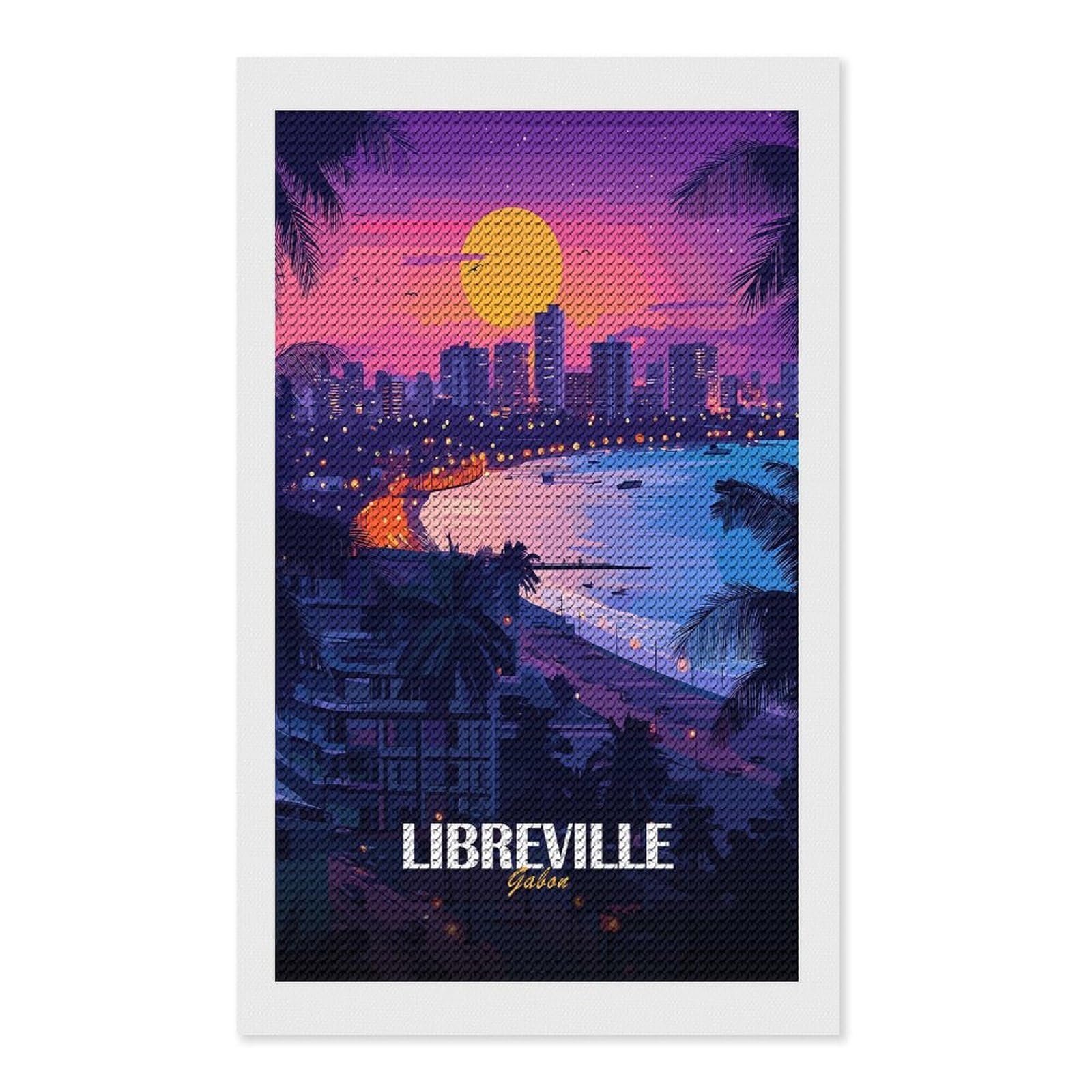 Junmoney Libreville Gabon Cityscape at Sunset Diamond Painting Canvas Set 12"x20", with Tool Kit, Easy to Enjoy, Home Wall Decor, Thoughtful Handmade Gift