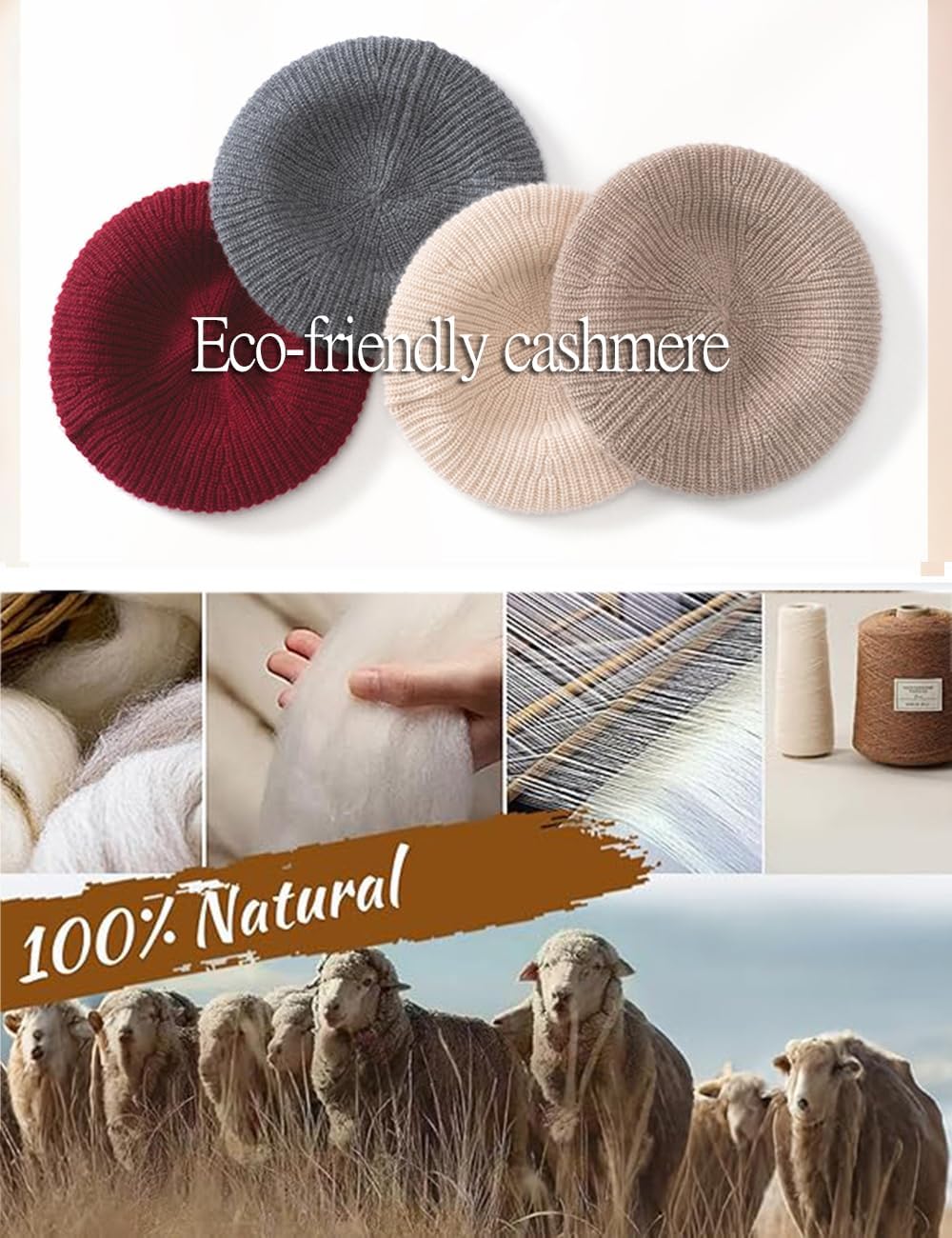 100% Cashmere Beret Hats for Women,Classic French Beanie Winter Hat, Rolled Brim SL-8066
