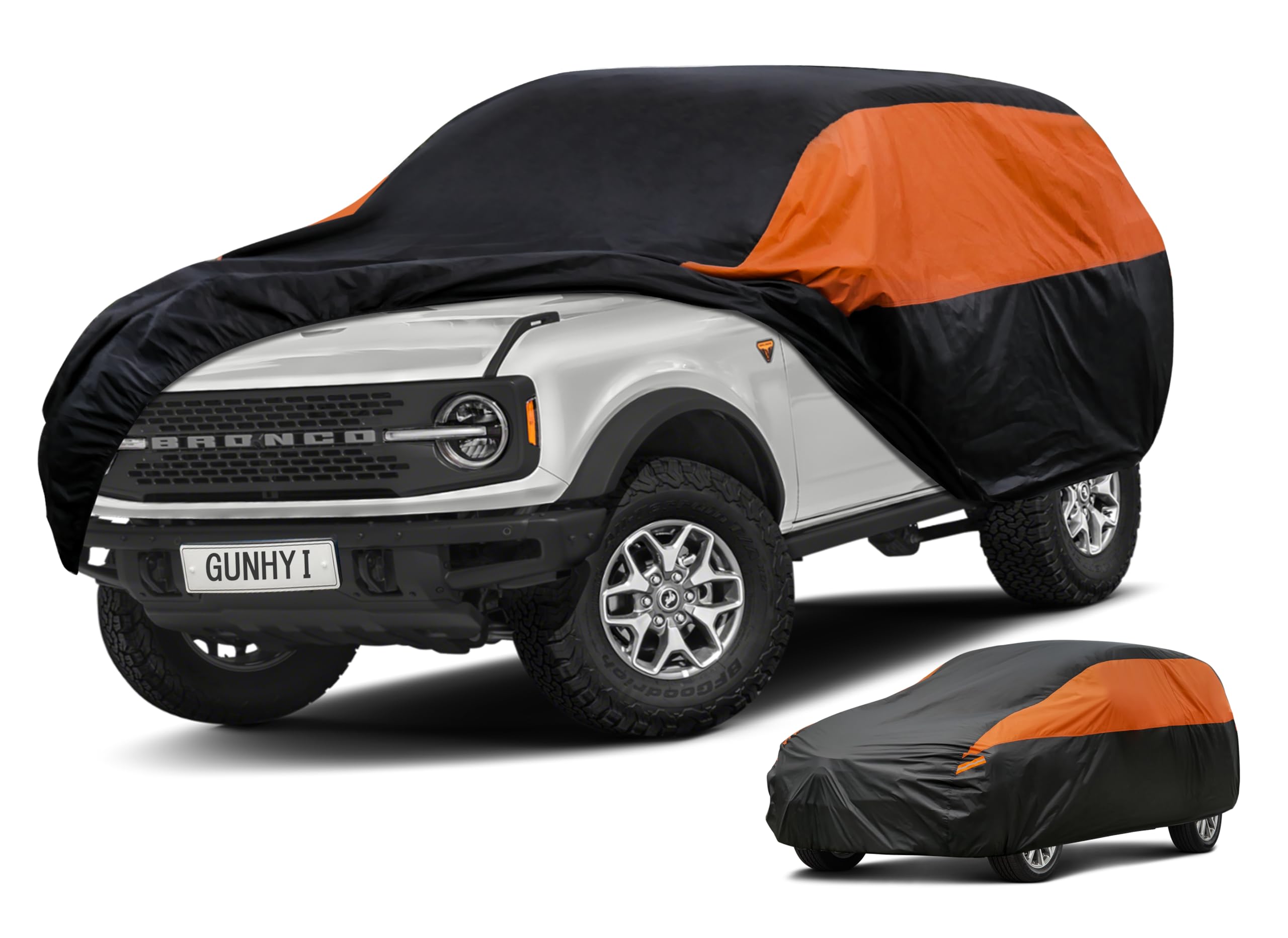 GUNHYI Waterproof SUV Car Cover for Ford Bronco Sport/Bronco 2 Door 2dr | All‑weather Outdoor sun/rain/dust/snow/wind/UV protection,breathable lightweight full cover, black‑orange design,storage bag