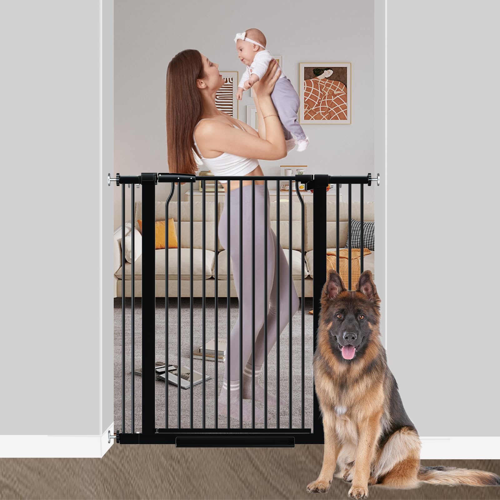 Qonimm 40.55" Extra Tall Baby Gate for Stairs-29.6"-40.5" Wide 1.37" Ultra Narrow Spacing Extra Wide Pet Cat Gate Dog Gate-Auto-Close Pressure Mounted