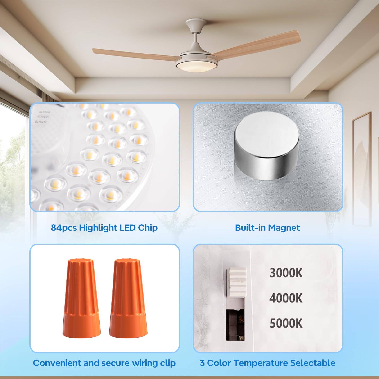 Kit de luz de ventilador de techo de 36 W, 6.69 pulgadas, 3200 lm, 3CCT 3000K/4000K/5000K regulable ventilador de techo de repuesto de luz LED, kit de actualización de motor LED para luz de 8