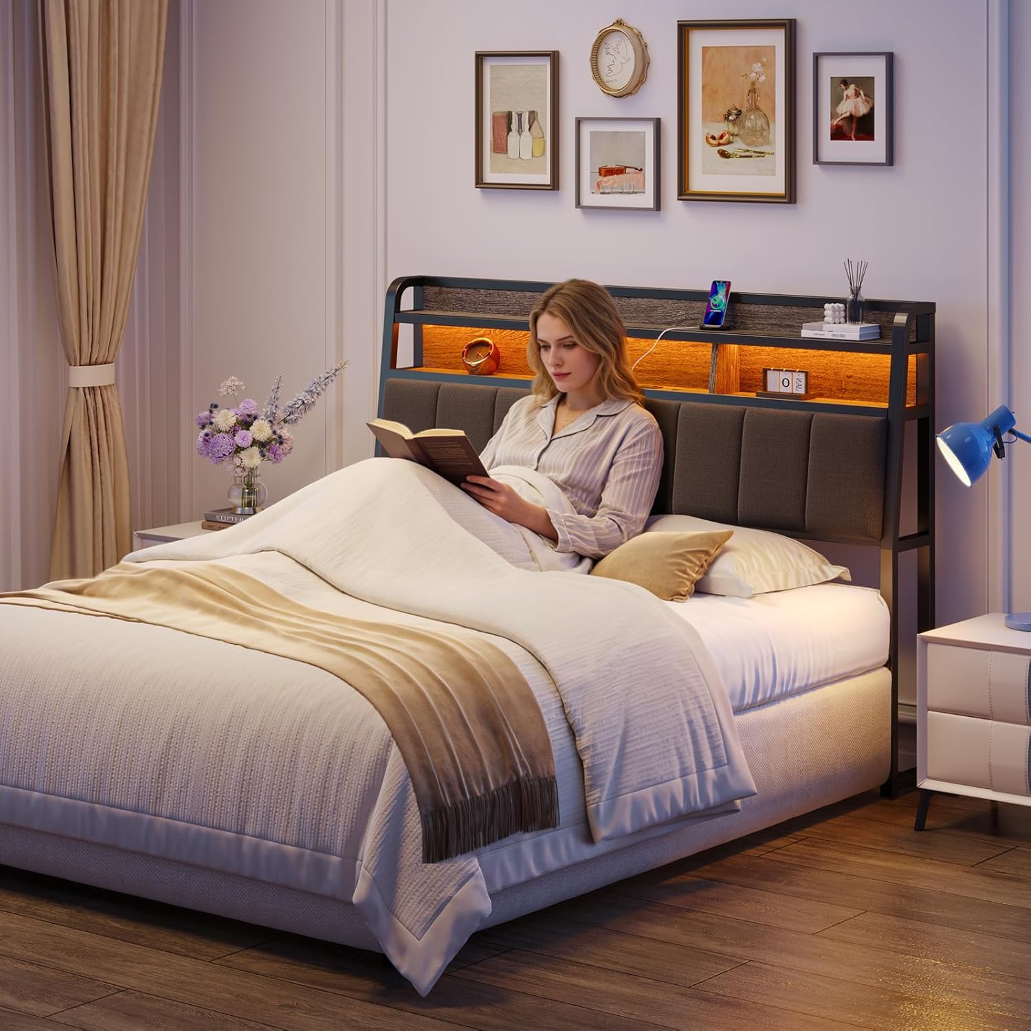 Queen Size Headboard with Outlets, Upholstered Ergonomic Headboard with 2-Tier Storage, LED Light, Queen Head Board Only, Height Adjustable, Sturdy and Stable, Black & Grey