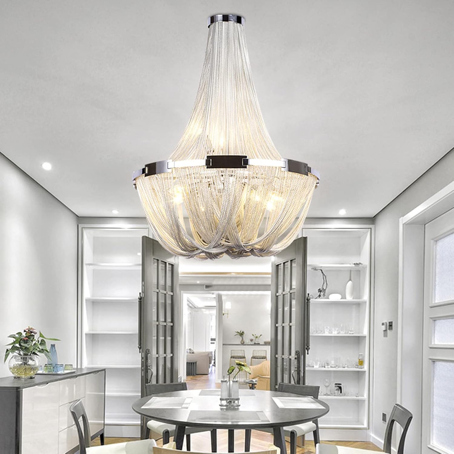 Post-Modern LED Chaner - Tassel Aluminum Chain Round Light for Large Living Room, Bedroom, Entryway, Dining Room, Girls Room, Foyer