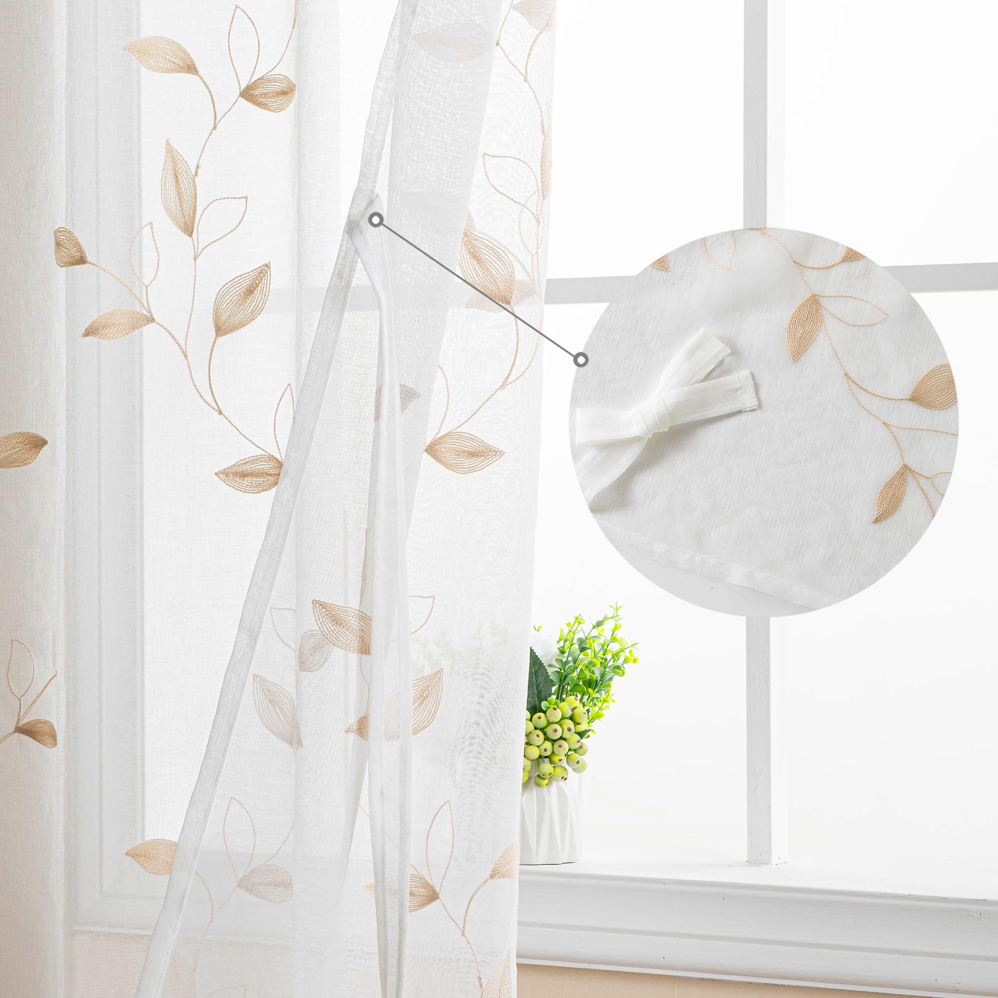 DWCN Embroidery Sheer Curtains Decoration Flora Design Grommet Window Curtain Semi Voile Drapes with Eyelets Window Treatments for Living Room Bedroom 2 Panels 52" W x 88" L Beige - Image 3