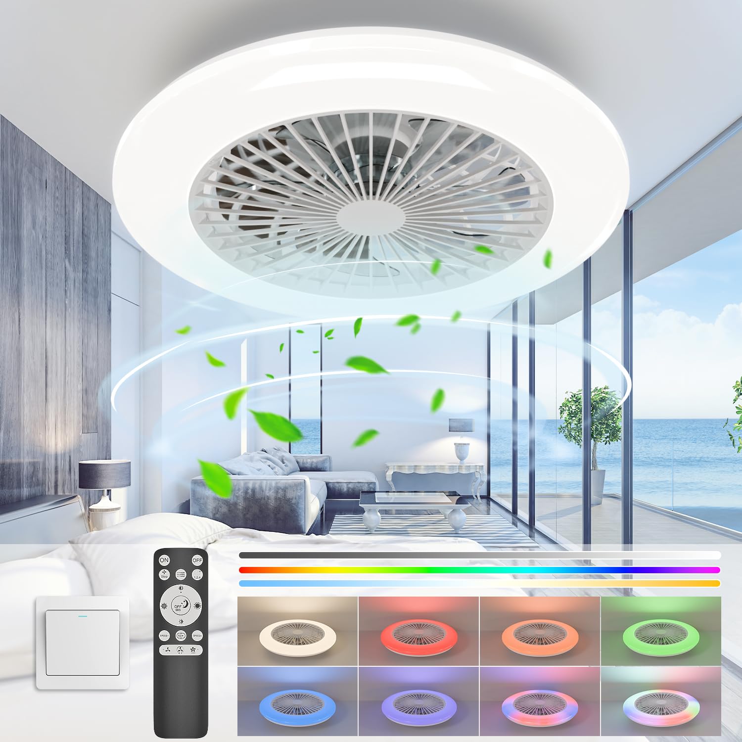 Ventilador de Techo con Luz Silencioso 40W, Ventiladors de Techo 4200LM RGB 3000K-6500K sin Aspas, DC 20W Lampara Ventilador Techo LED y Mando Modernos para bajo plafon Dormitorio 19.1 Inch