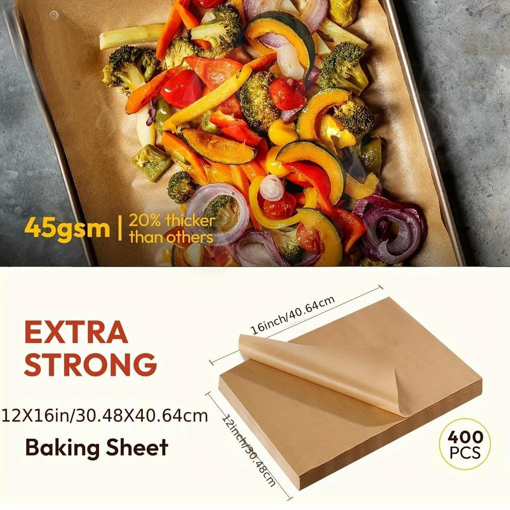 NYSDM 400PCS Niebielony papier pergaminowy Arkusze, 12 x 16 cali Wstępnie pocięty papier pergaminowy do pieczenia, Wytrzymały papier do pieczenia z powłoką zapobiegającą przywieraniu