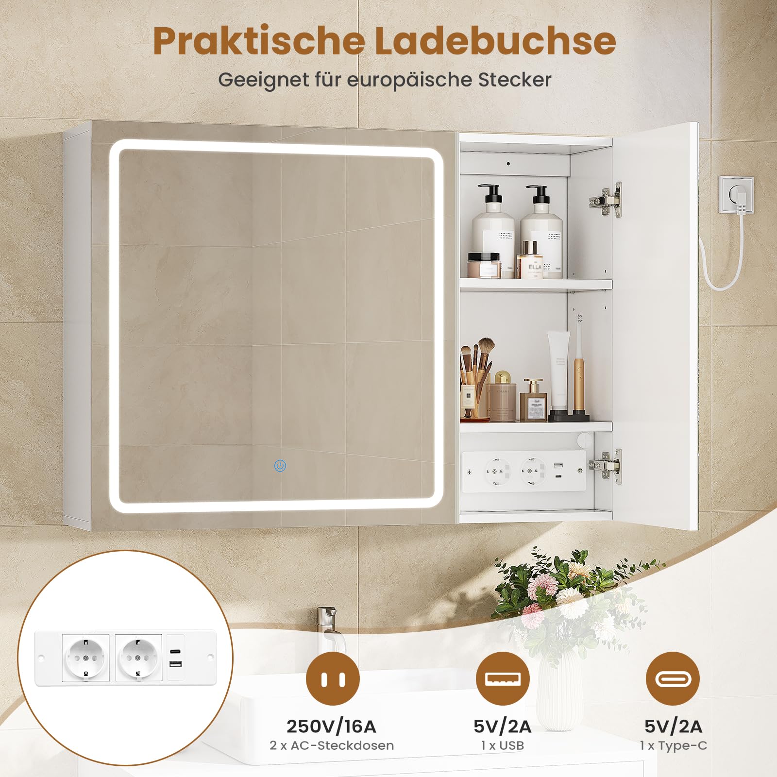 Spiegelschrank Bad 80 cm breit mit LED-Beleuchtung und Steckdose, 16 x 60 x 80 cm, Badezimmerschrank mit HD Spiegel, 3 Verstellbaren Regalen, 3 Farbtemperaturen | Dimmbarer, Badschrank, Weiß